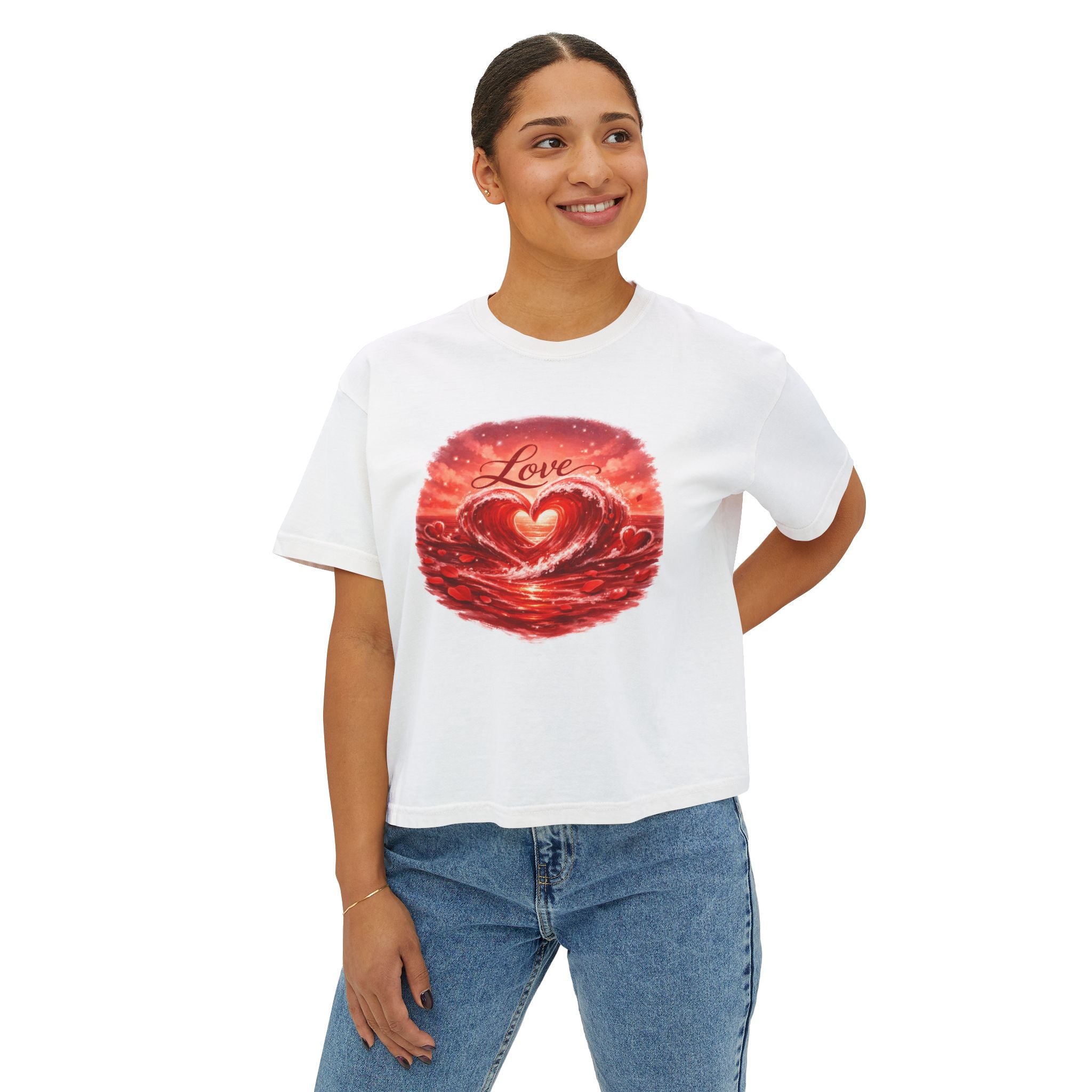Love Heart on Wave Boxy Tee — Women's Casual Graphic Top