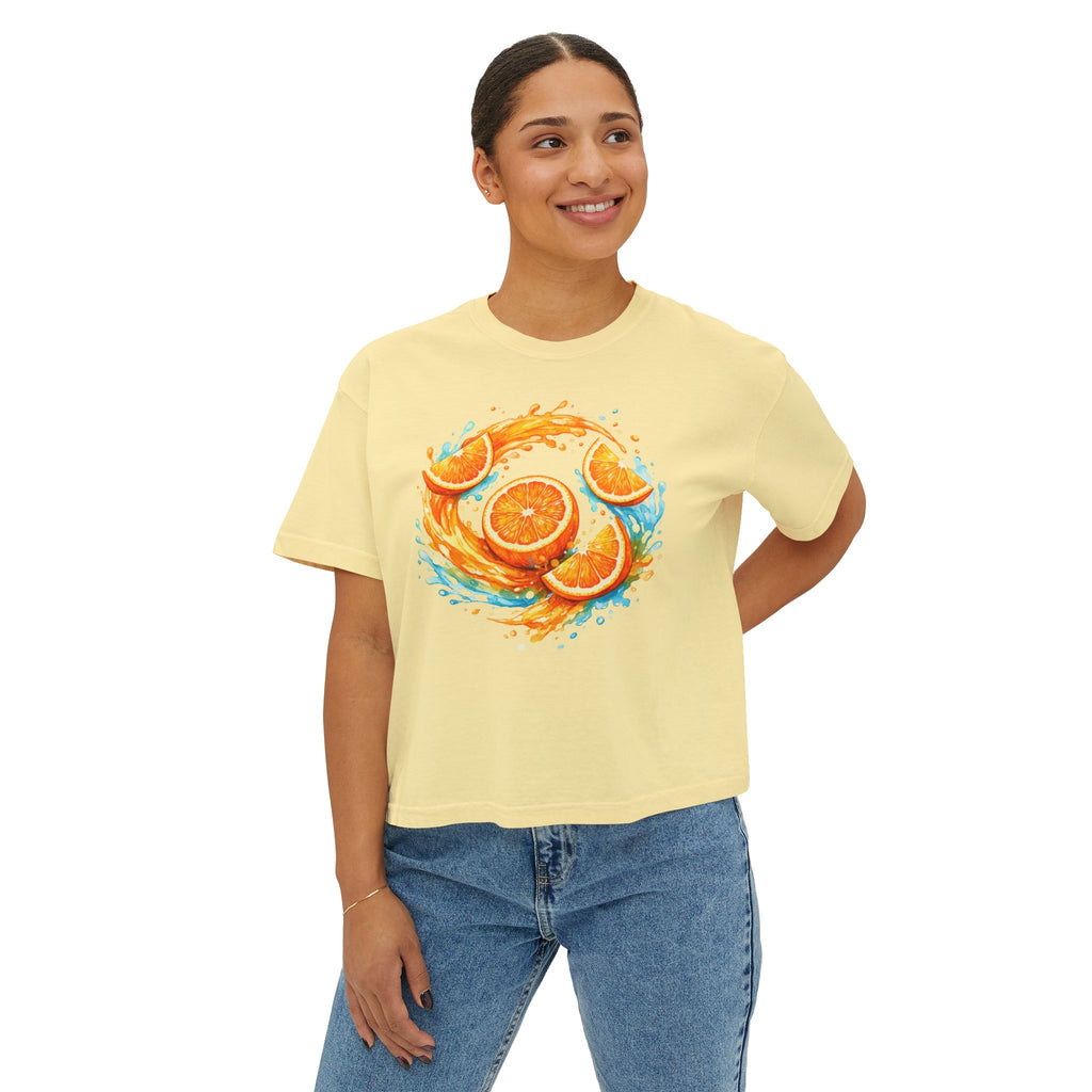 Orange Splash Women's Boxy Tee — Citrus Fruit Graphic T-Shirt