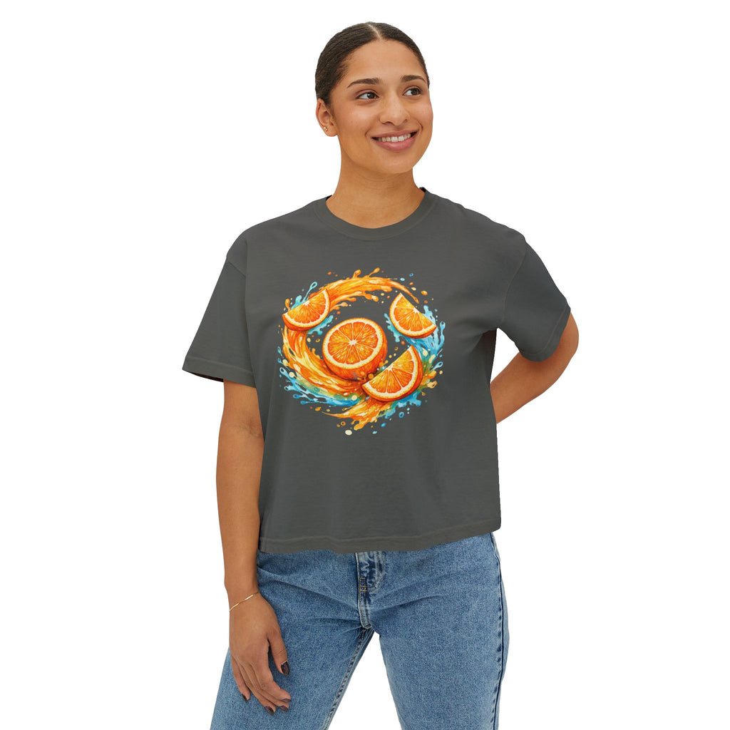 Orange Splash Women's Boxy Tee — Citrus Fruit Graphic T-Shirt