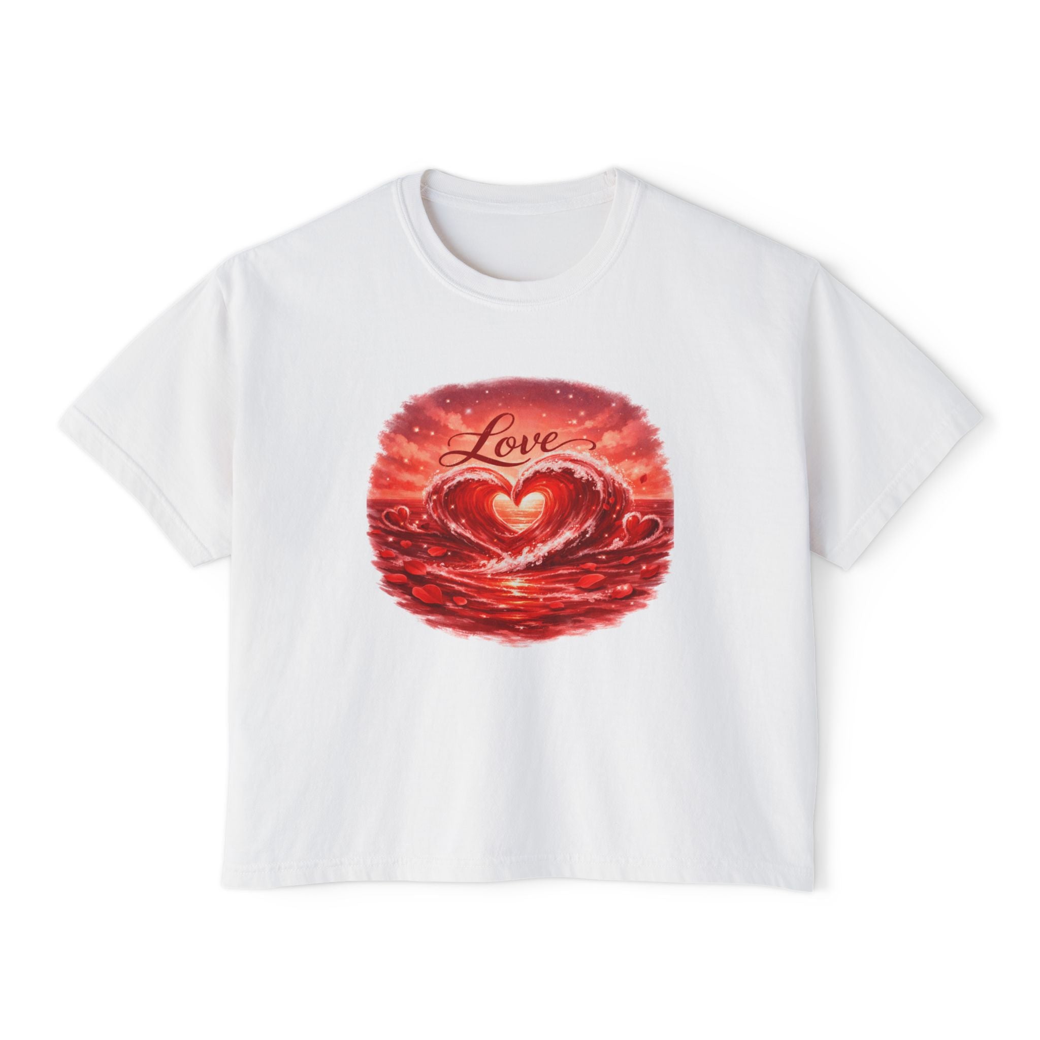 Love Heart on Wave Boxy Tee — Women's Casual Graphic Top