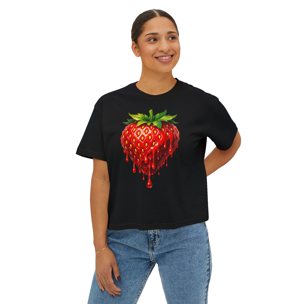 Strawberry Drip Graphic Boxy Tee — Juicy Strawberry Paint Design
