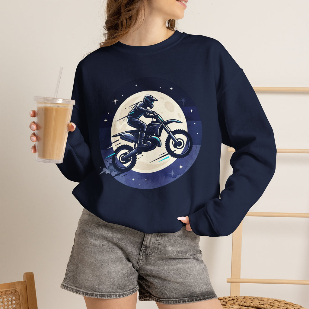 Motorcycle Moon Crewneck Sweatshirt – Night Rider Dirt Bike Graphic