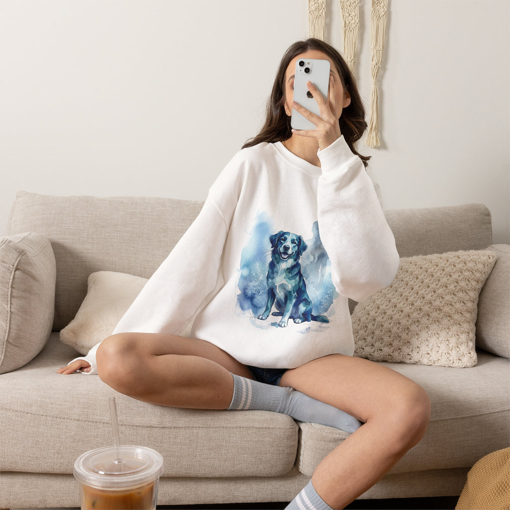 Watercolor Dog Crewneck Sweatshirt — Blue Pet Portrait Pullover