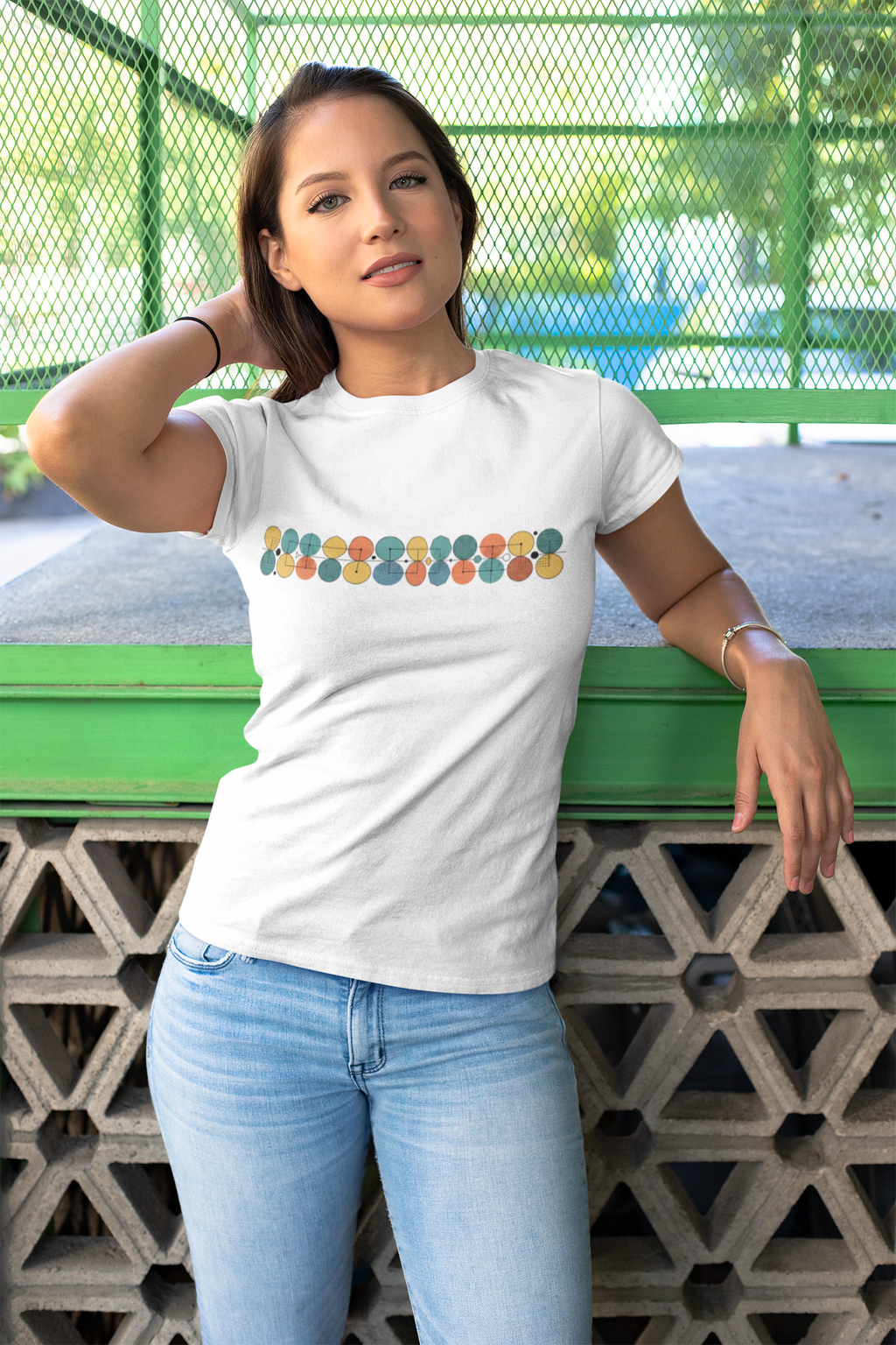 Mid-Century Geometric Stripe T-Shirt — Retro Colorful Circle Pattern unisex