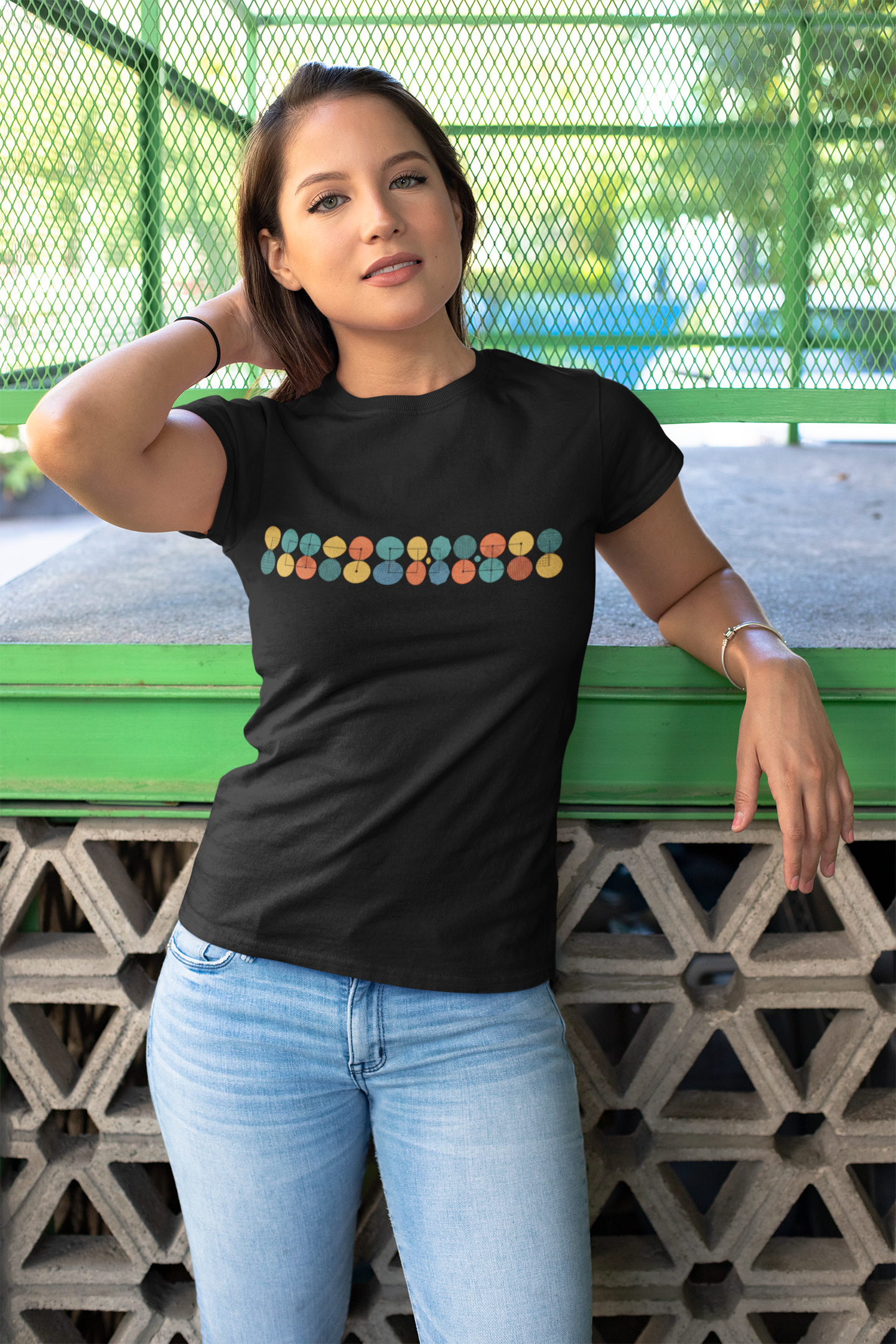 Mid-Century Geometric Stripe T-Shirt — Retro Colorful Circle Pattern unisex