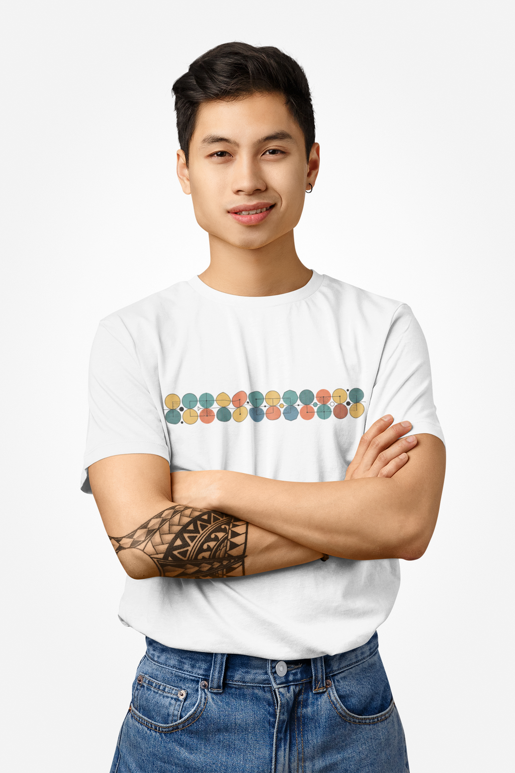 Mid-Century Geometric Stripe T-Shirt — Retro Colorful Circle Pattern unisex