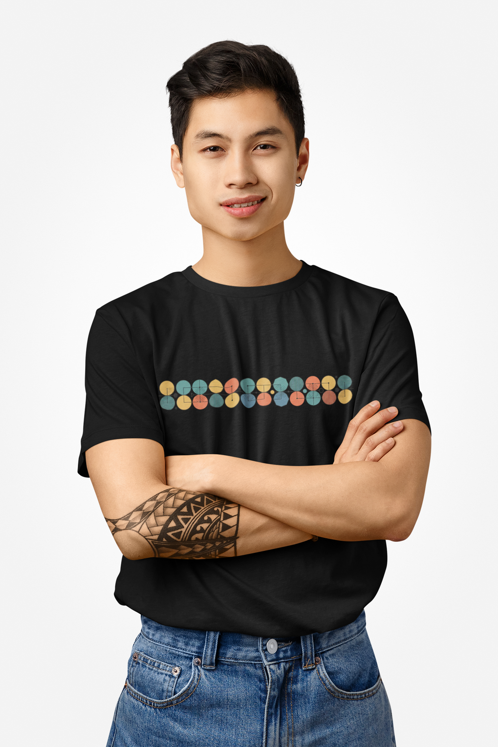 Mid-Century Geometric Stripe T-Shirt — Retro Colorful Circle Pattern unisex