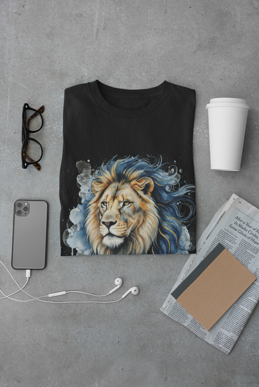 Blue Watercolor Lion T-Shirt — Smoky Wildlife Art Tee