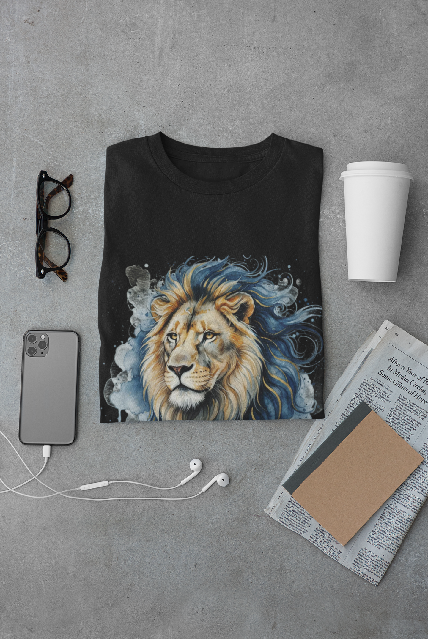 Blue Watercolor Lion T-Shirt — Smoky Wildlife Art Tee