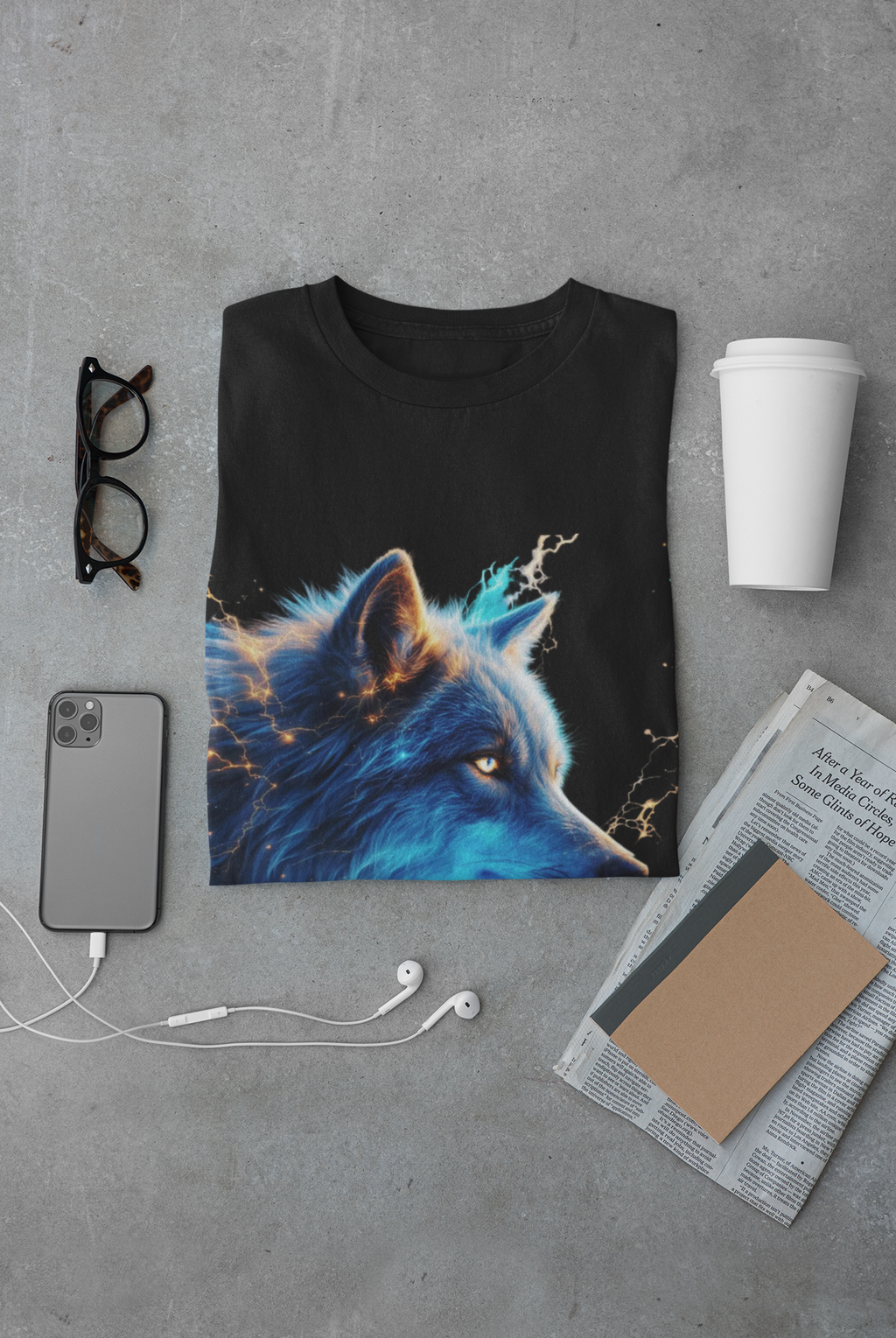 Blue Mystic Wolf T-Shirt — Glowing Wolf Portrait Tee