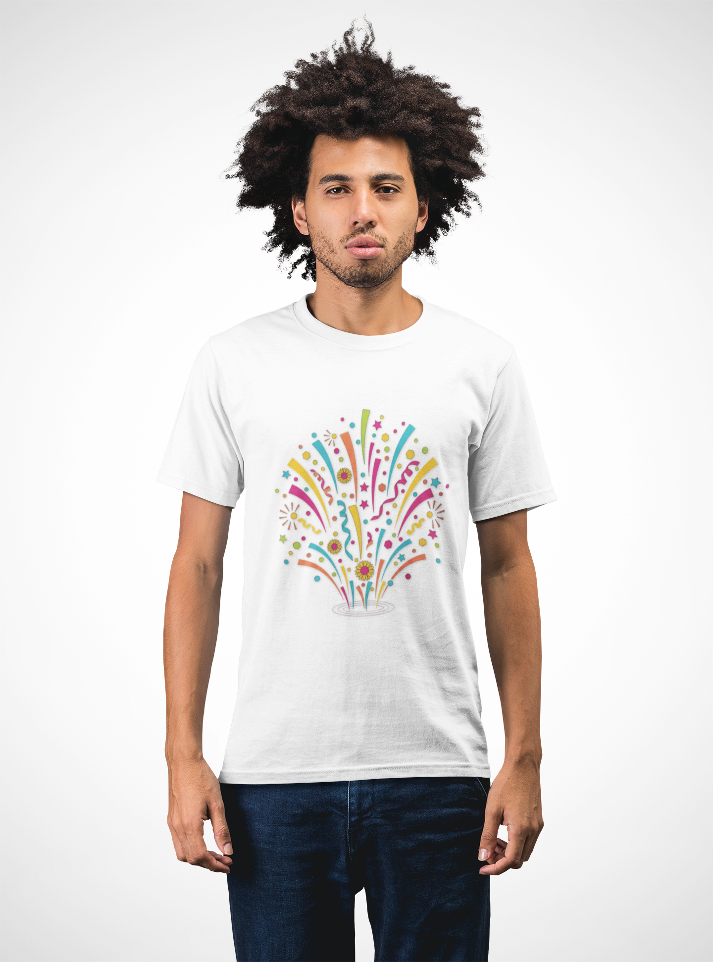 Confetti Fireworks Tee — Colorful Celebration Graphic T-Shirt