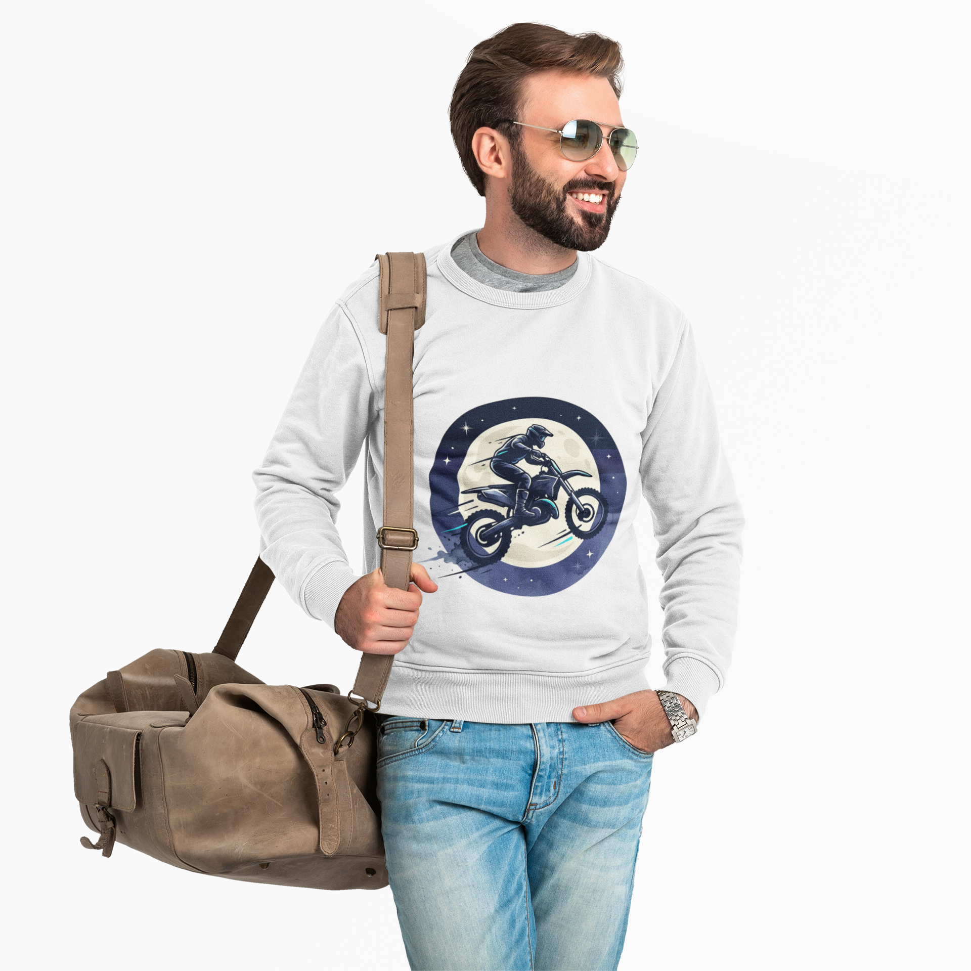 Motorcycle Moon Crewneck Sweatshirt – Night Rider Dirt Bike Graphic