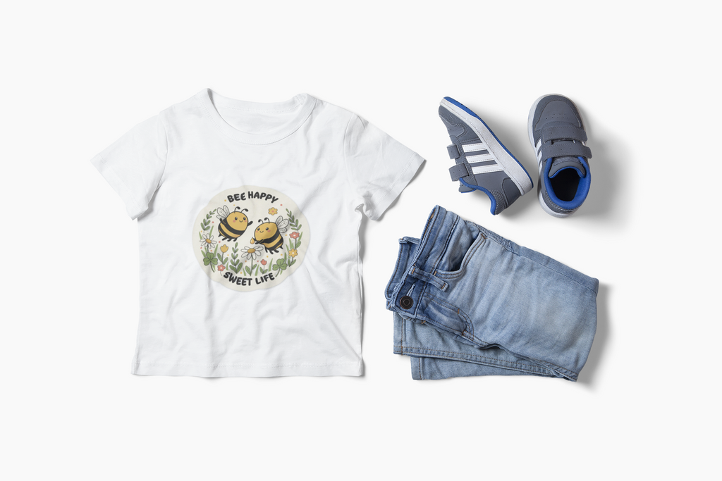 Kids Tee — "Bee Happy, Sweet Life" Cute Bumblebee Garden Graphic