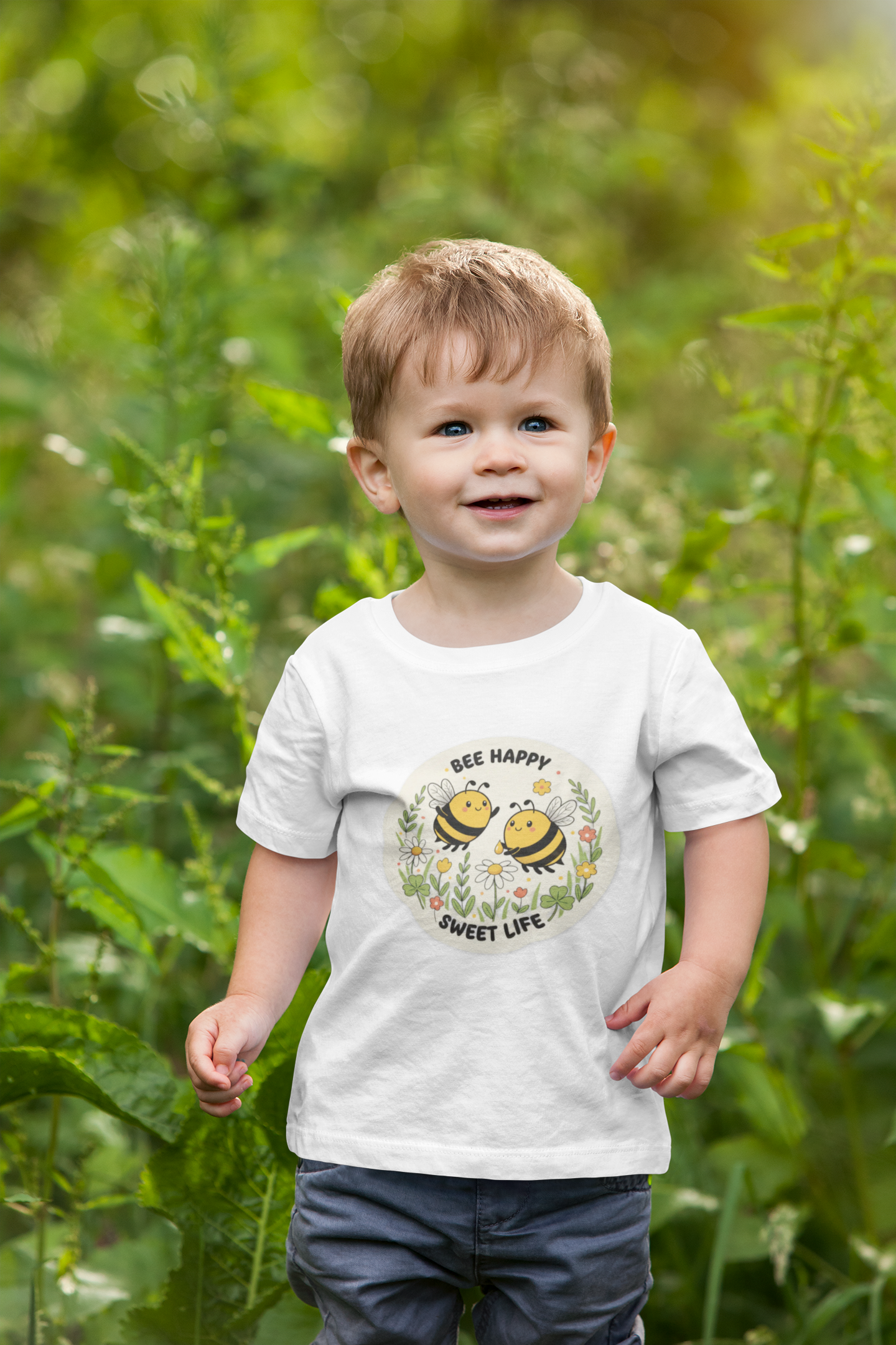 Kids Tee — "Bee Happy, Sweet Life" Cute Bumblebee Garden Graphic