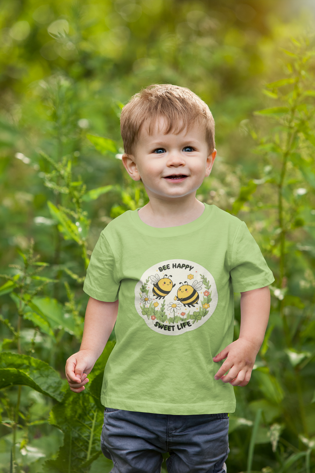 Kids Tee — "Bee Happy, Sweet Life" Cute Bumblebee Garden Graphic