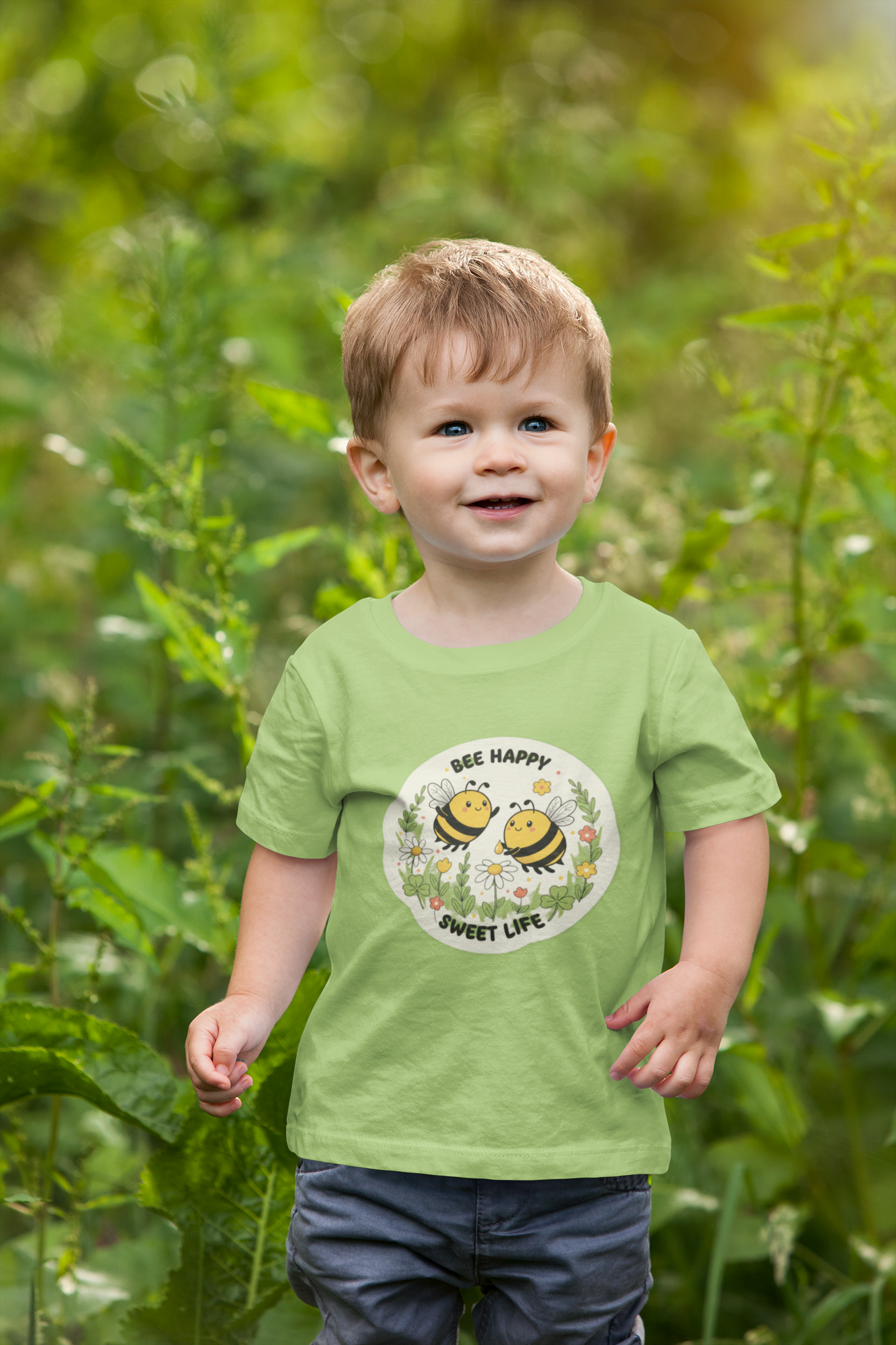 Kids Tee — "Bee Happy, Sweet Life" Cute Bumblebee Garden Graphic