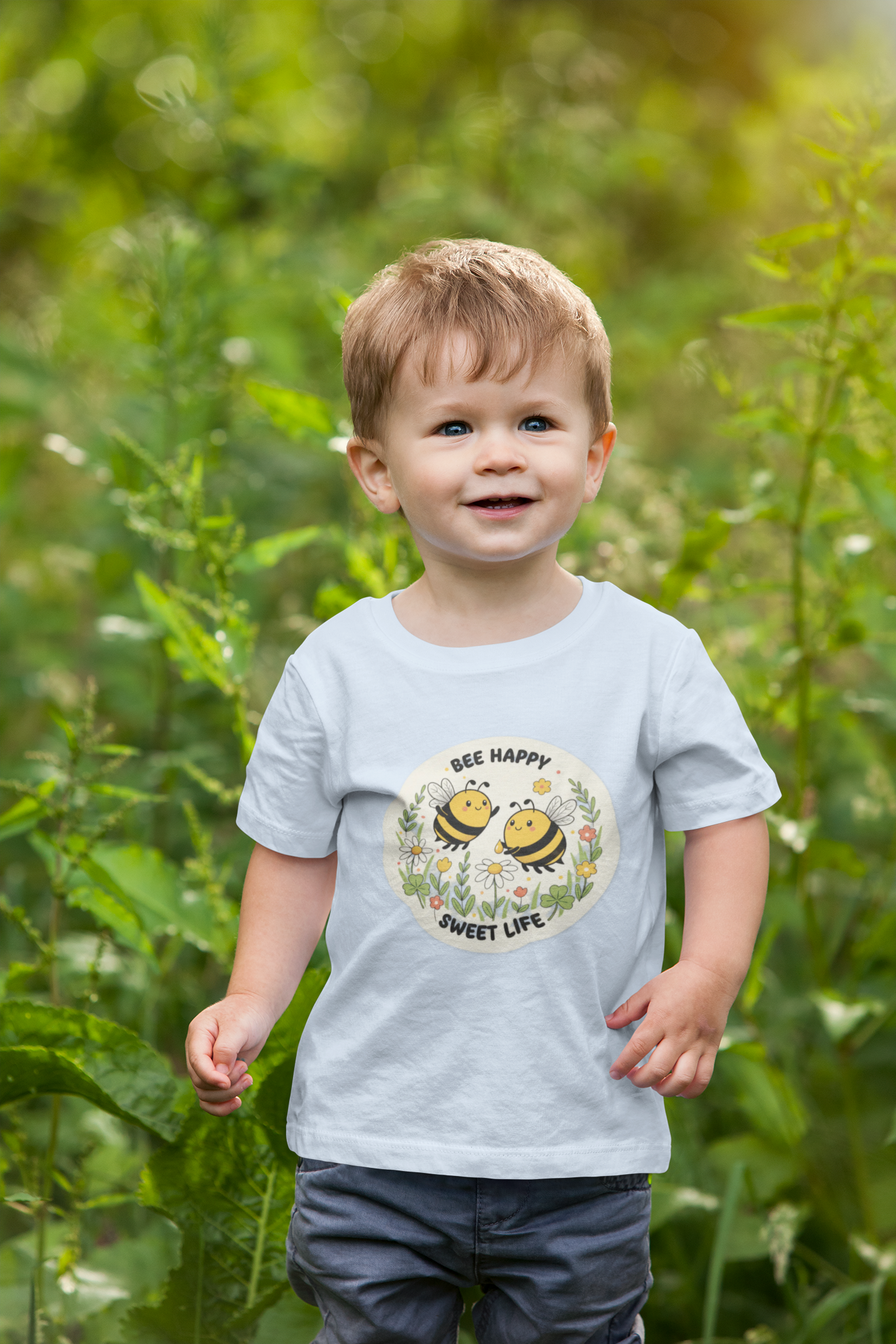Kids Tee — "Bee Happy, Sweet Life" Cute Bumblebee Garden Graphic
