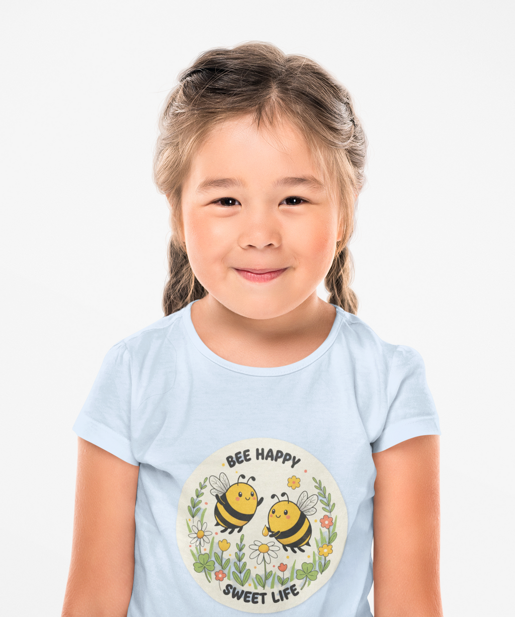 Kids Tee — "Bee Happy, Sweet Life" Cute Bumblebee Garden Graphic