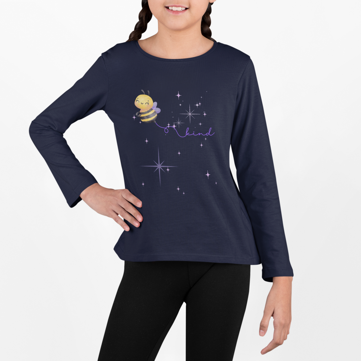 Youth Long Sleeve Tee – Cute Bee "Be Kind" Graphic