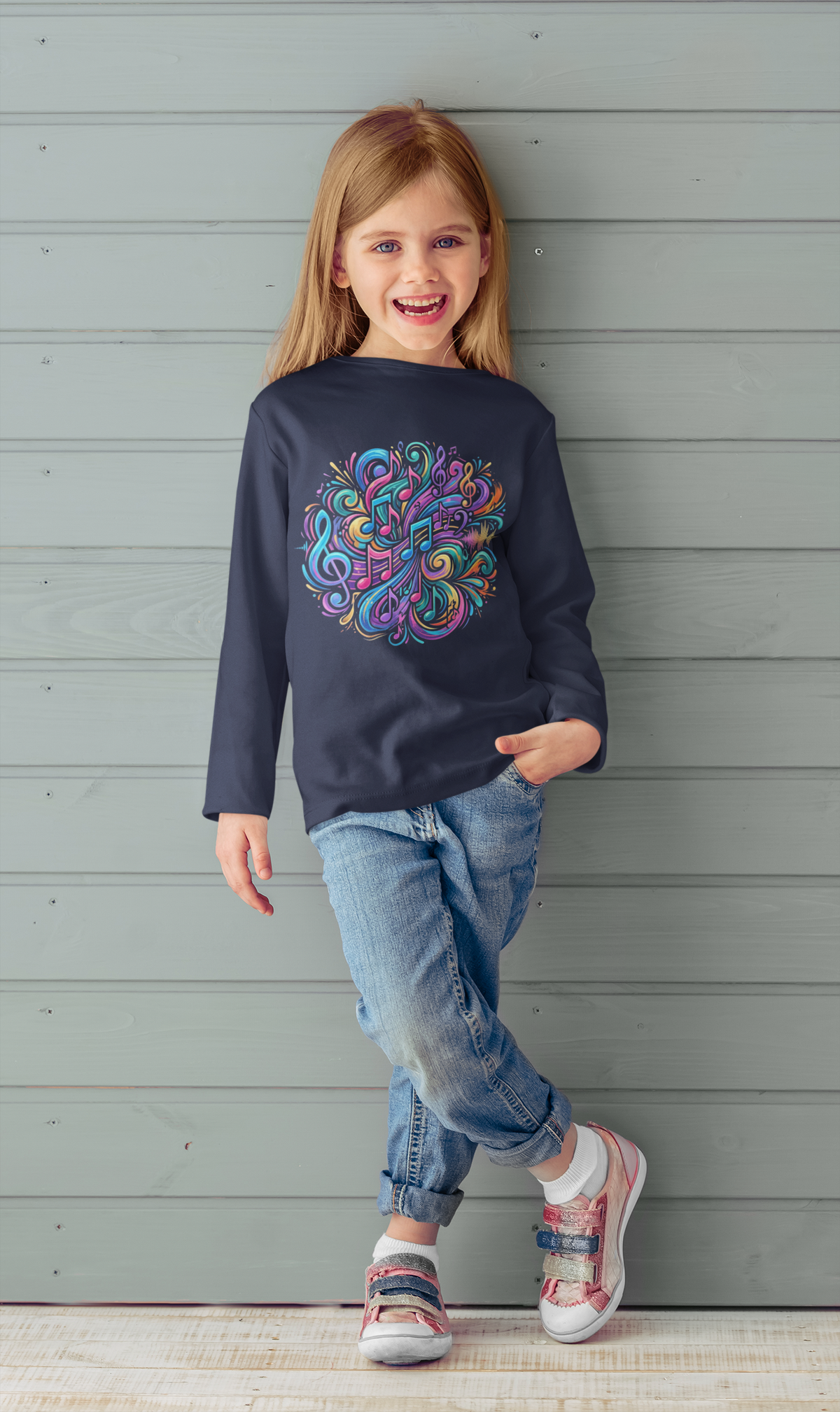 Youth Long Sleeve Tee — Colorful Swirl Music Note Design