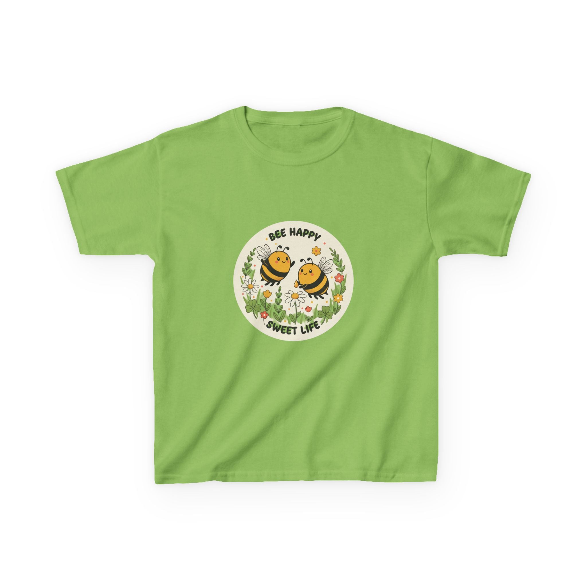 Kids Tee — "Bee Happy, Sweet Life" Cute Bumblebee Garden Graphic