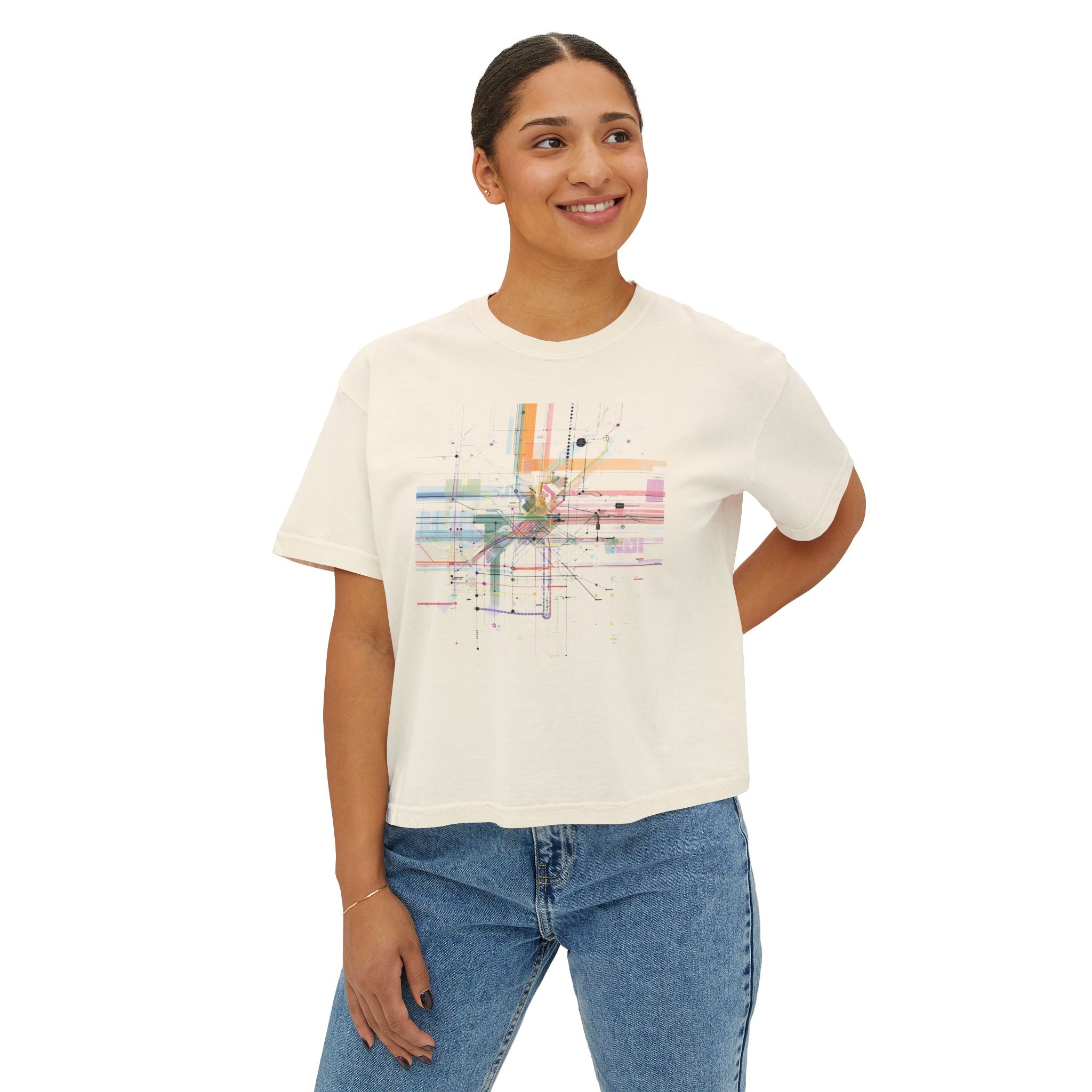 Network Watercolor Grid Women's Boxy Tee — Artistic Geometric Grid Tee