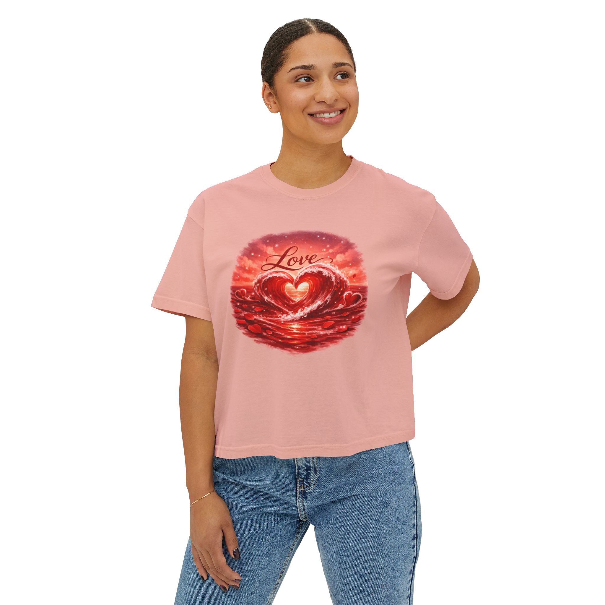 Love Heart on Wave Boxy Tee — Women's Casual Graphic Top