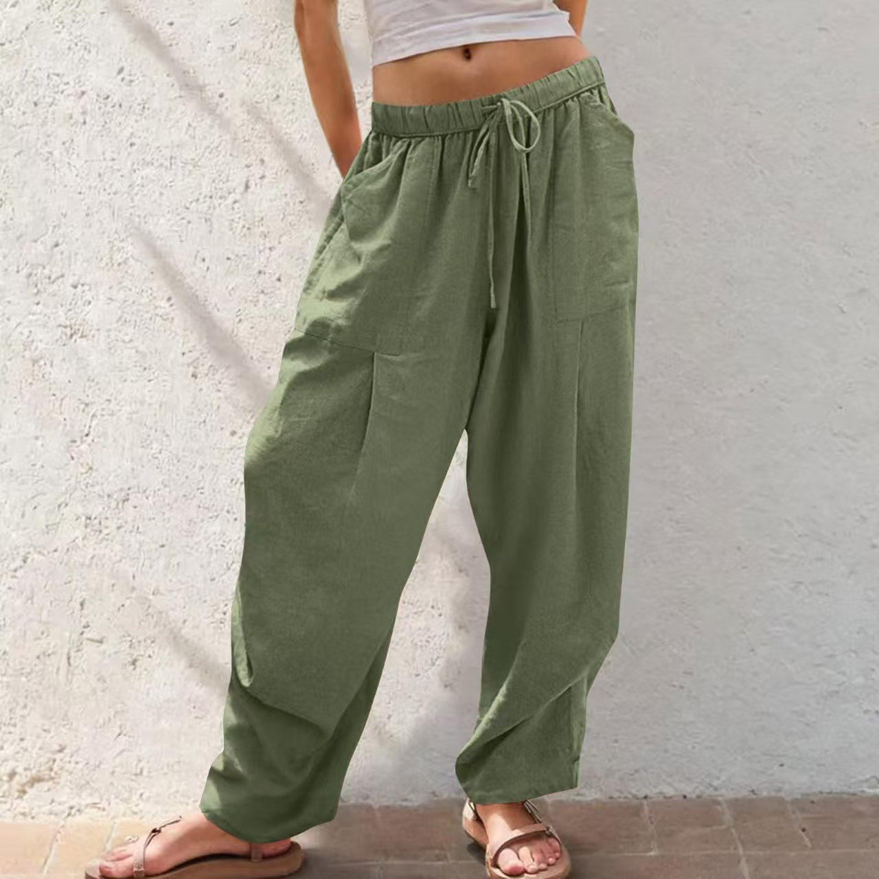 Womens Cotton-Linen Casual Loose Lounge Pants With Drawstring