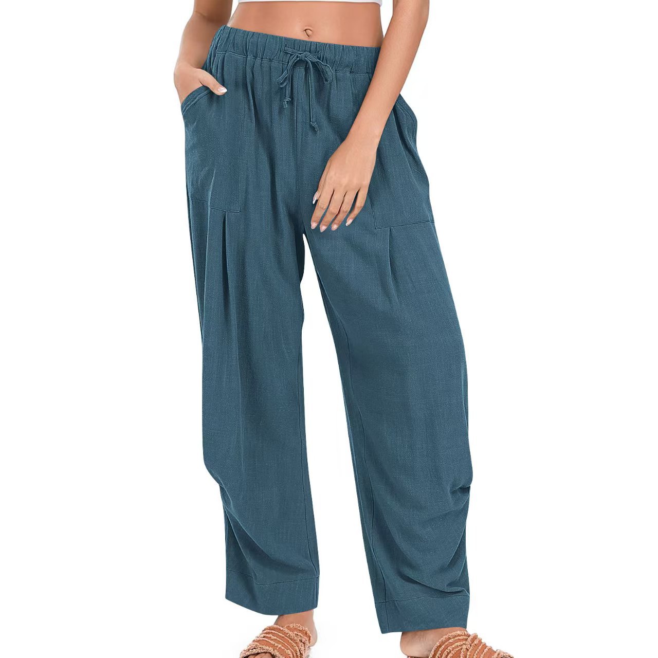 Womens Cotton-Linen Casual Loose Lounge Pants With Drawstring