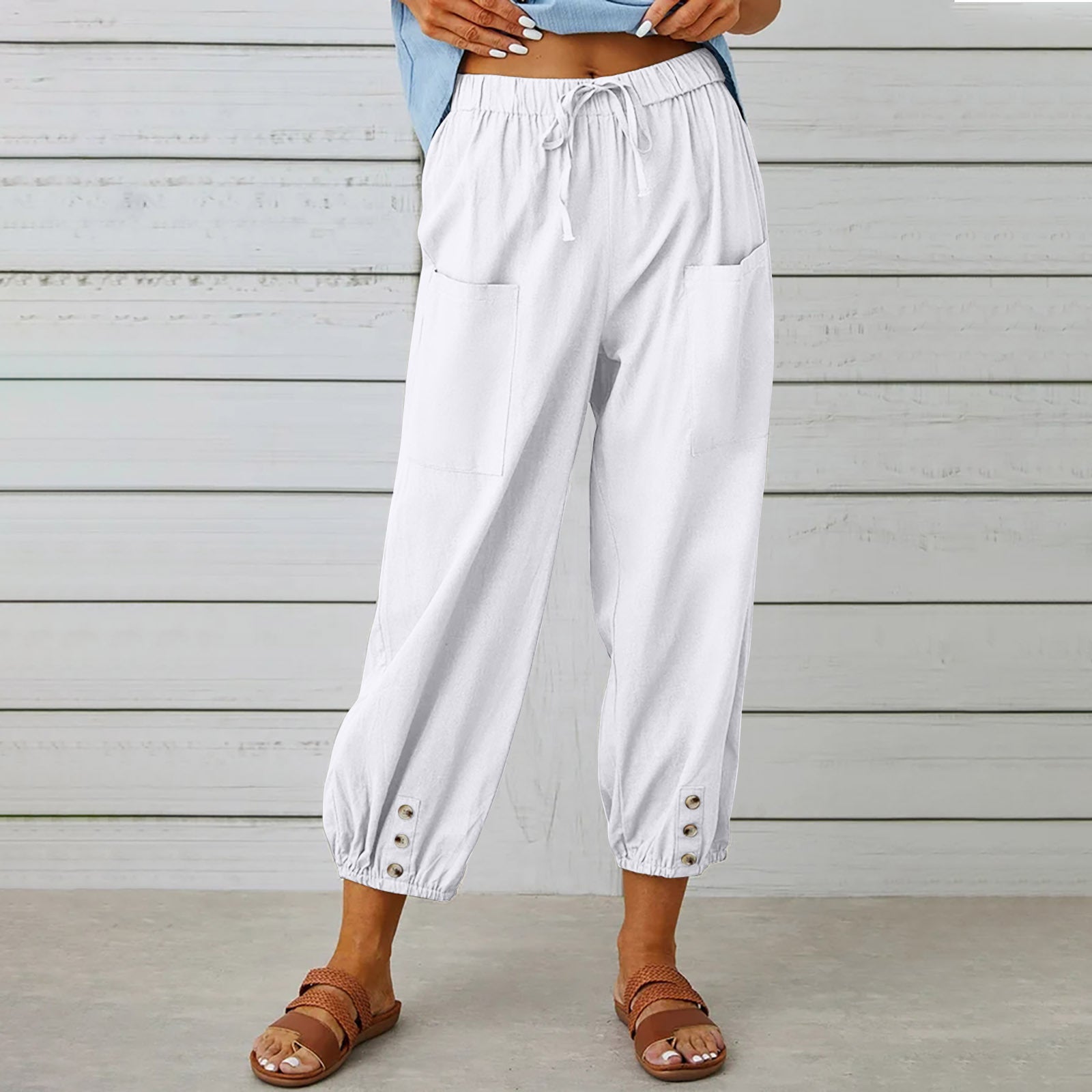 Women Drawstring Cotton And Linen Trousers