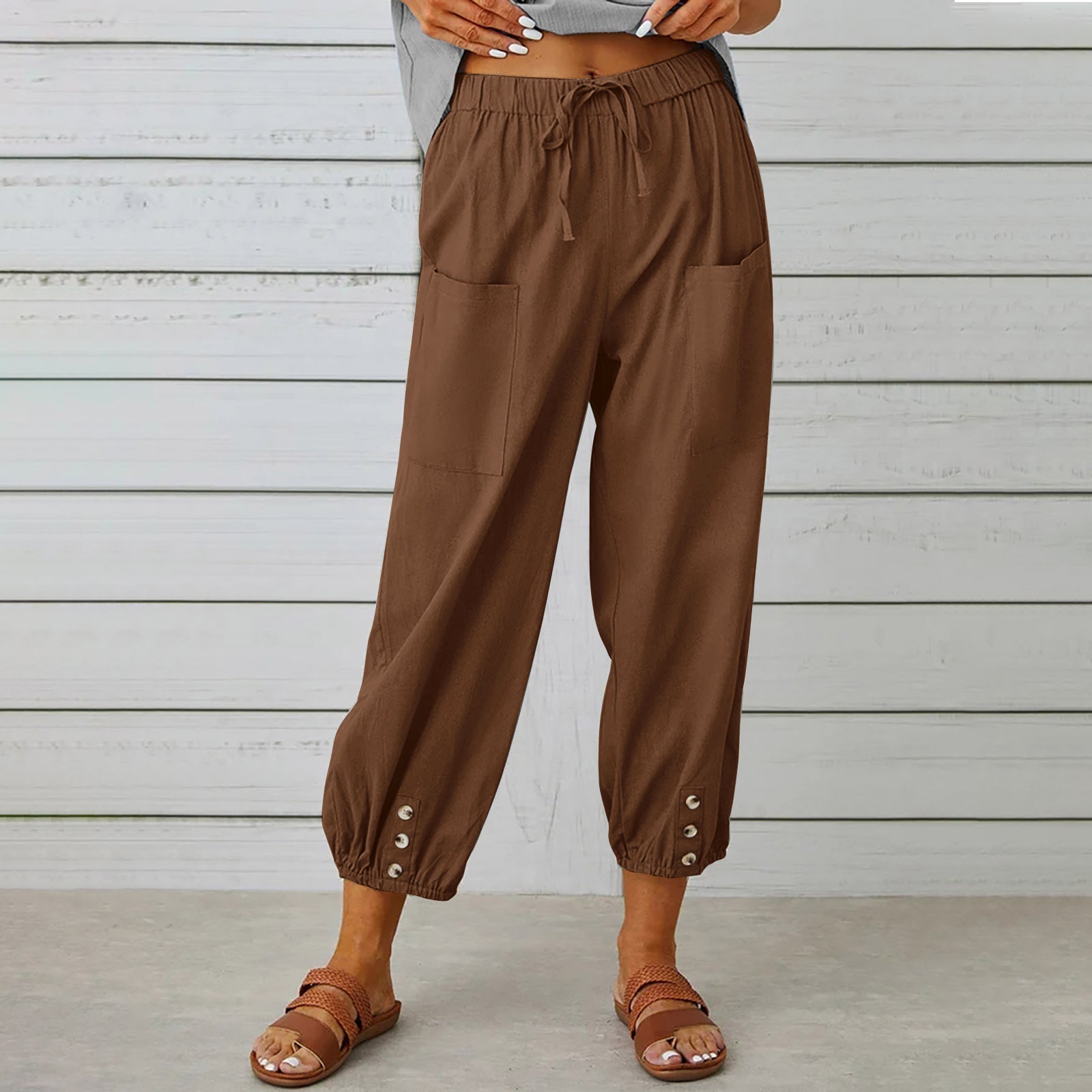 Women Drawstring Cotton And Linen Trousers