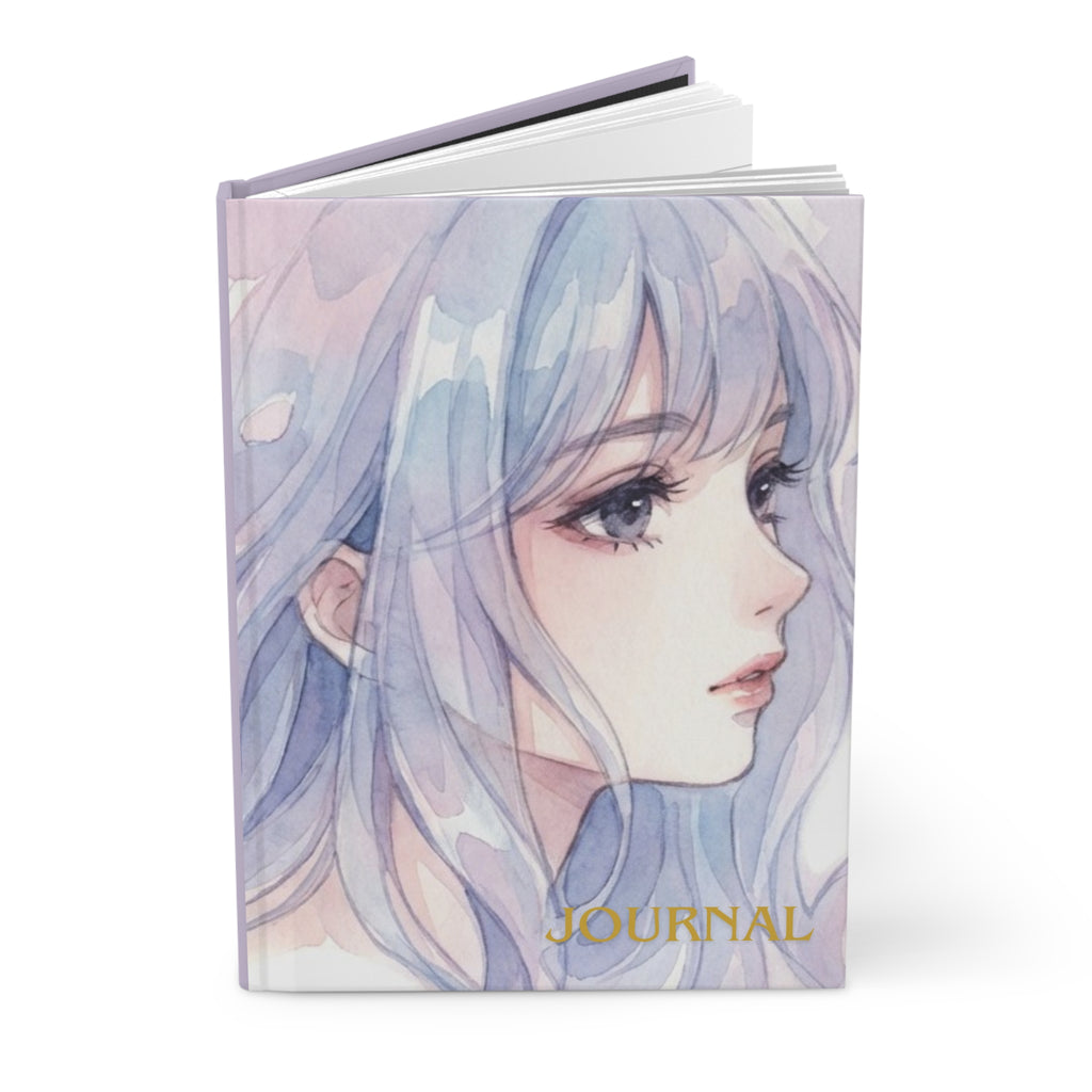 Anime Girl Portrait Hardcover Journal — Lavender Lined Notebook ("Journal" Gold Foil)