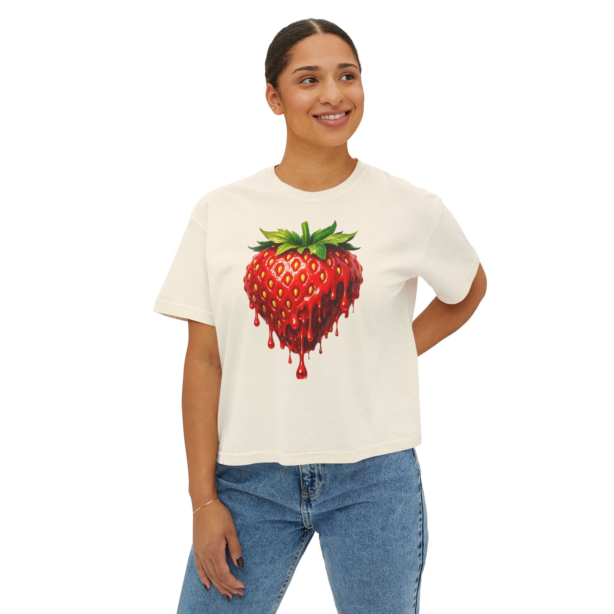 Strawberry Drip Graphic Boxy Tee — Juicy Strawberry Paint Design