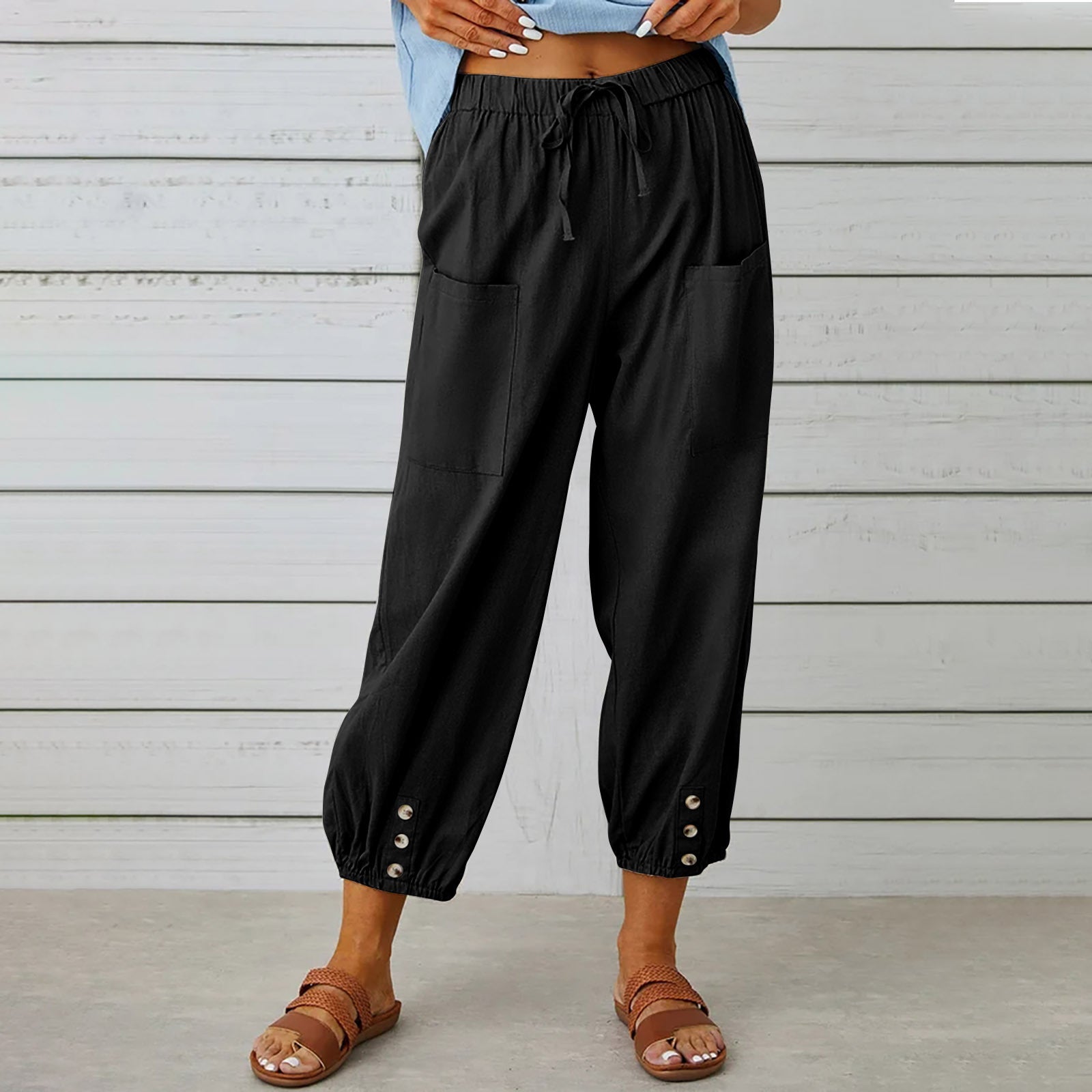 Women Drawstring Cotton And Linen Trousers