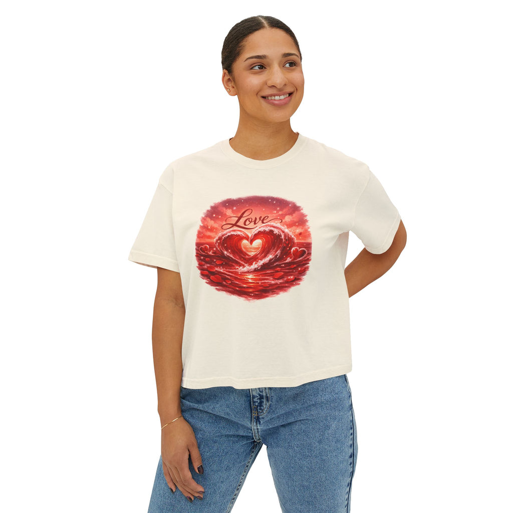 Love Heart on Wave Boxy Tee — Women's Casual Graphic Top