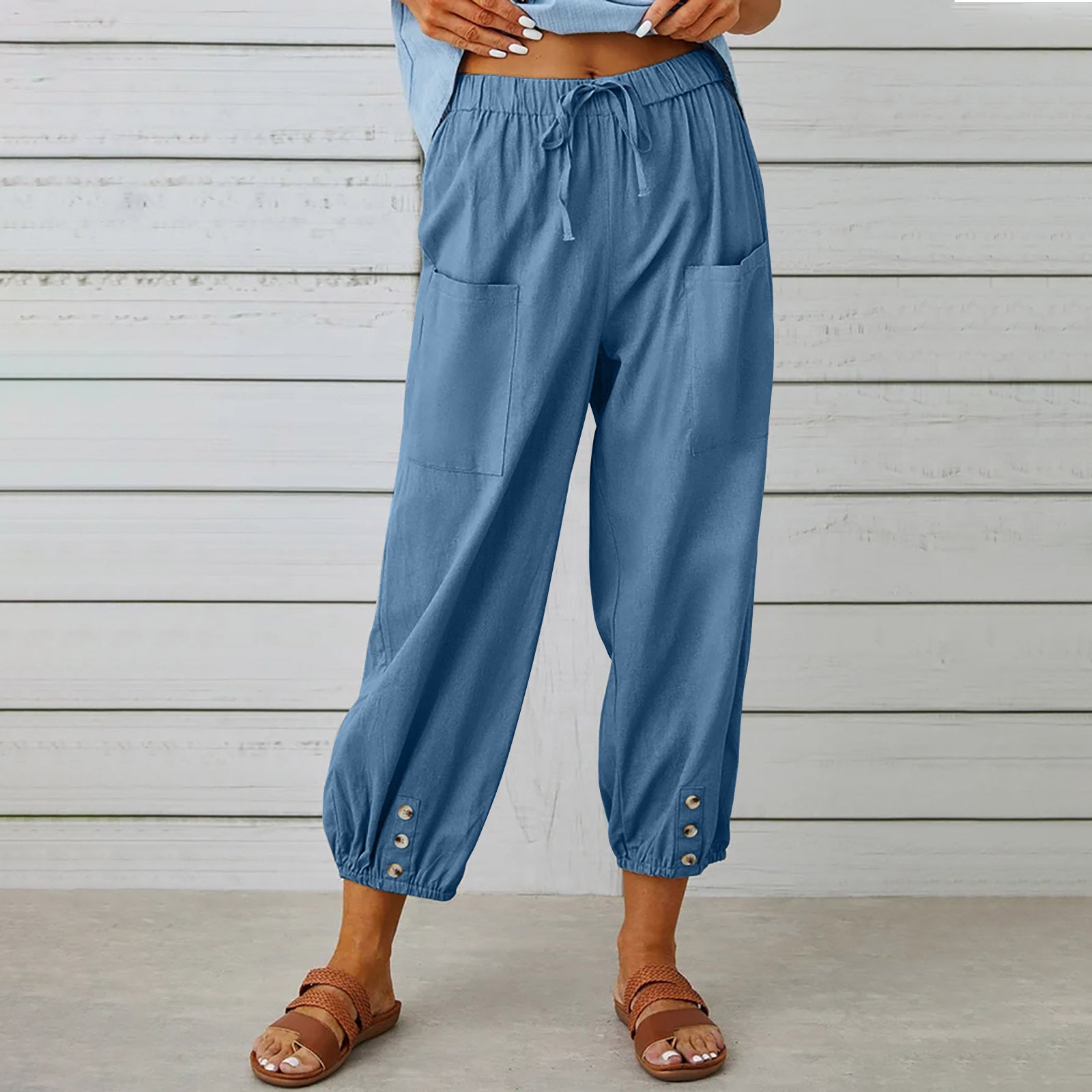 Women Drawstring Cotton And Linen Trousers