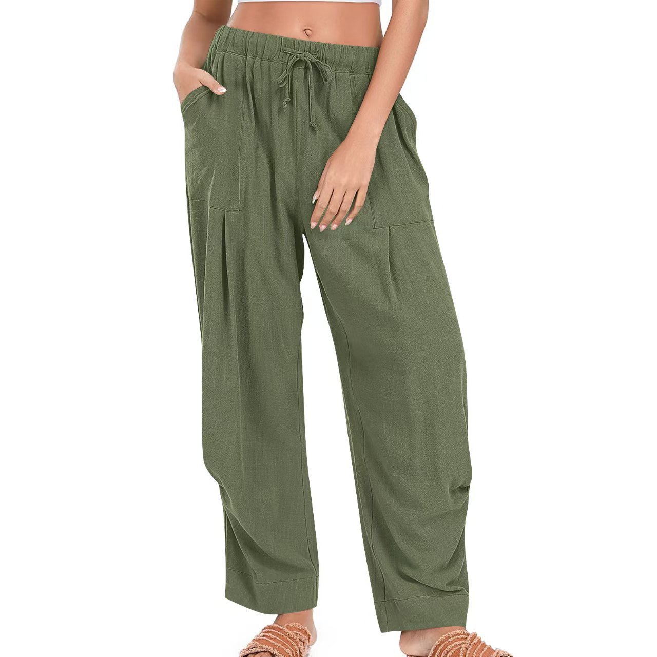 Womens Cotton-Linen Casual Loose Lounge Pants With Drawstring