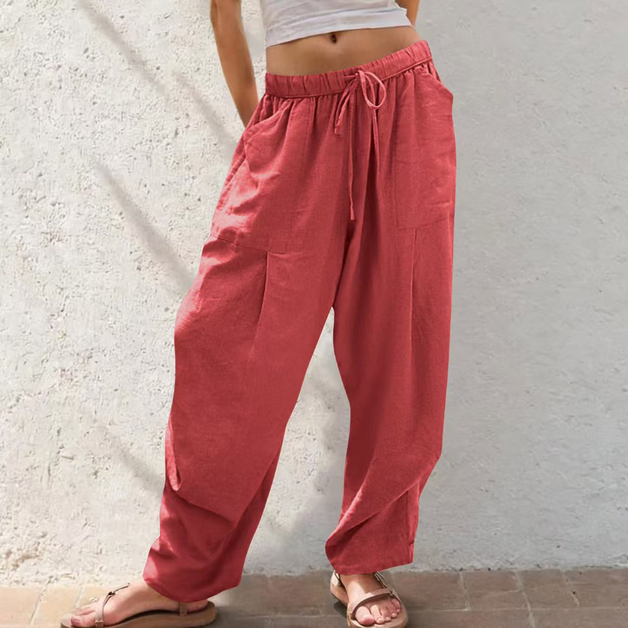Womens Cotton-Linen Casual Loose Lounge Pants With Drawstring