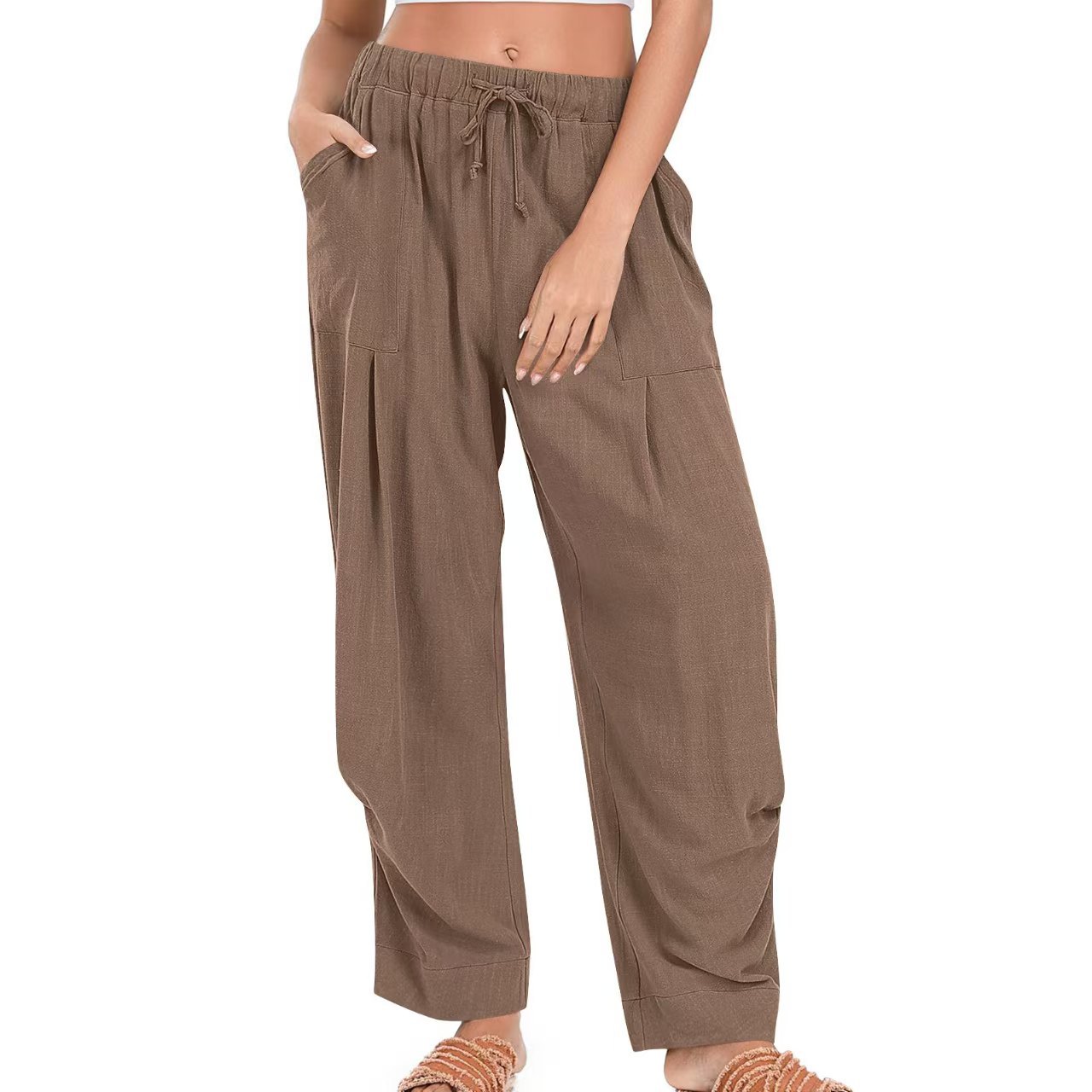 Womens Cotton-Linen Casual Loose Lounge Pants With Drawstring