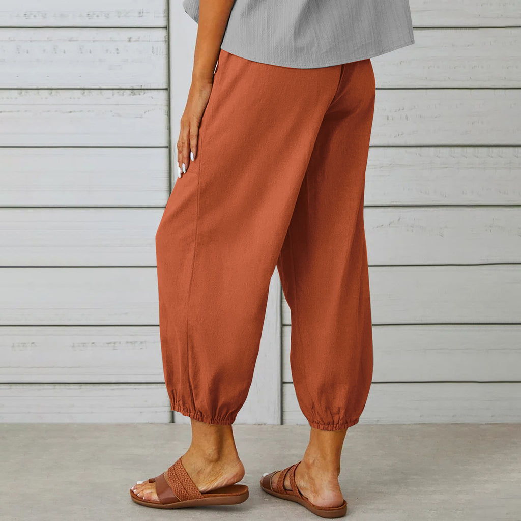 Women Drawstring Cotton And Linen Trousers