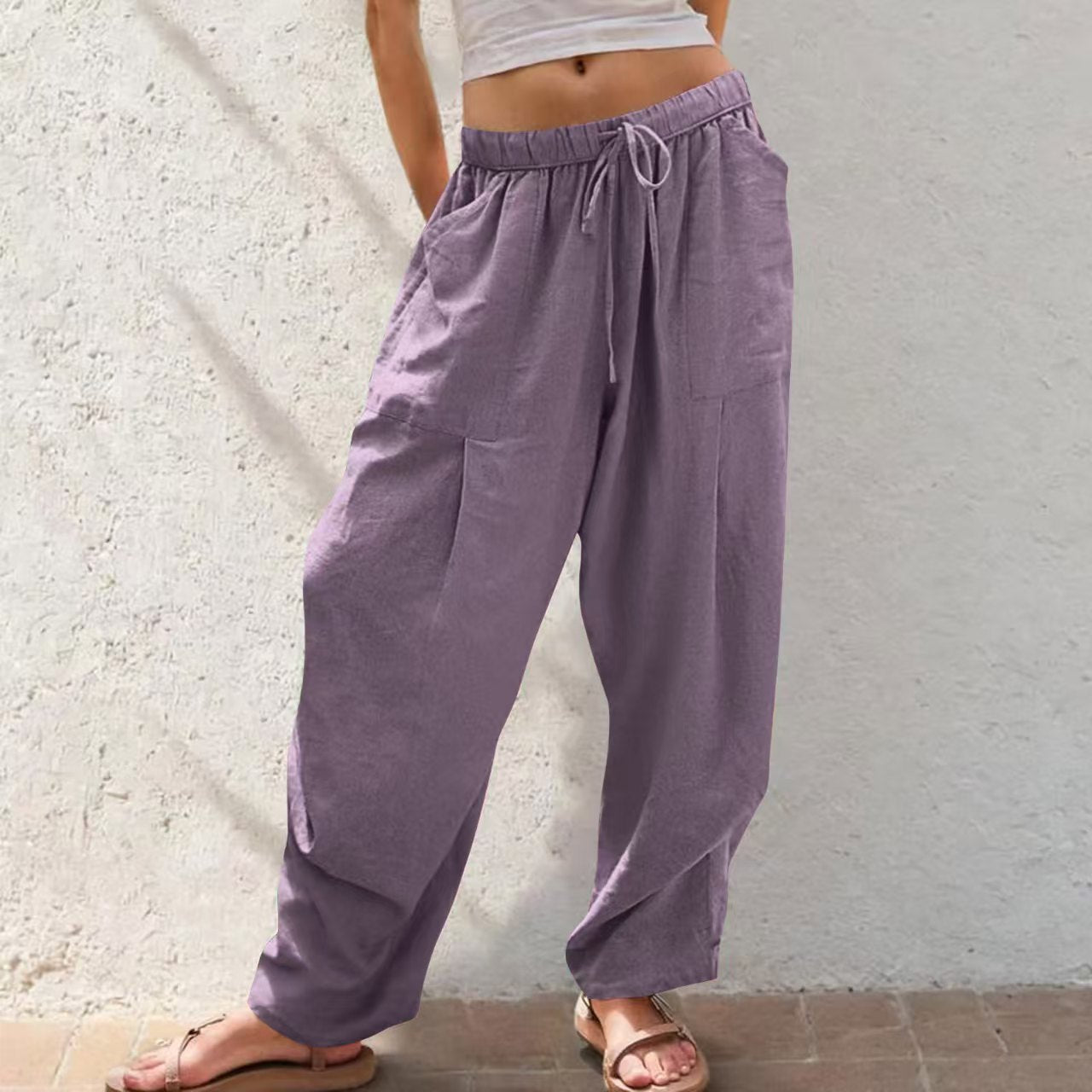Womens Cotton-Linen Casual Loose Lounge Pants With Drawstring