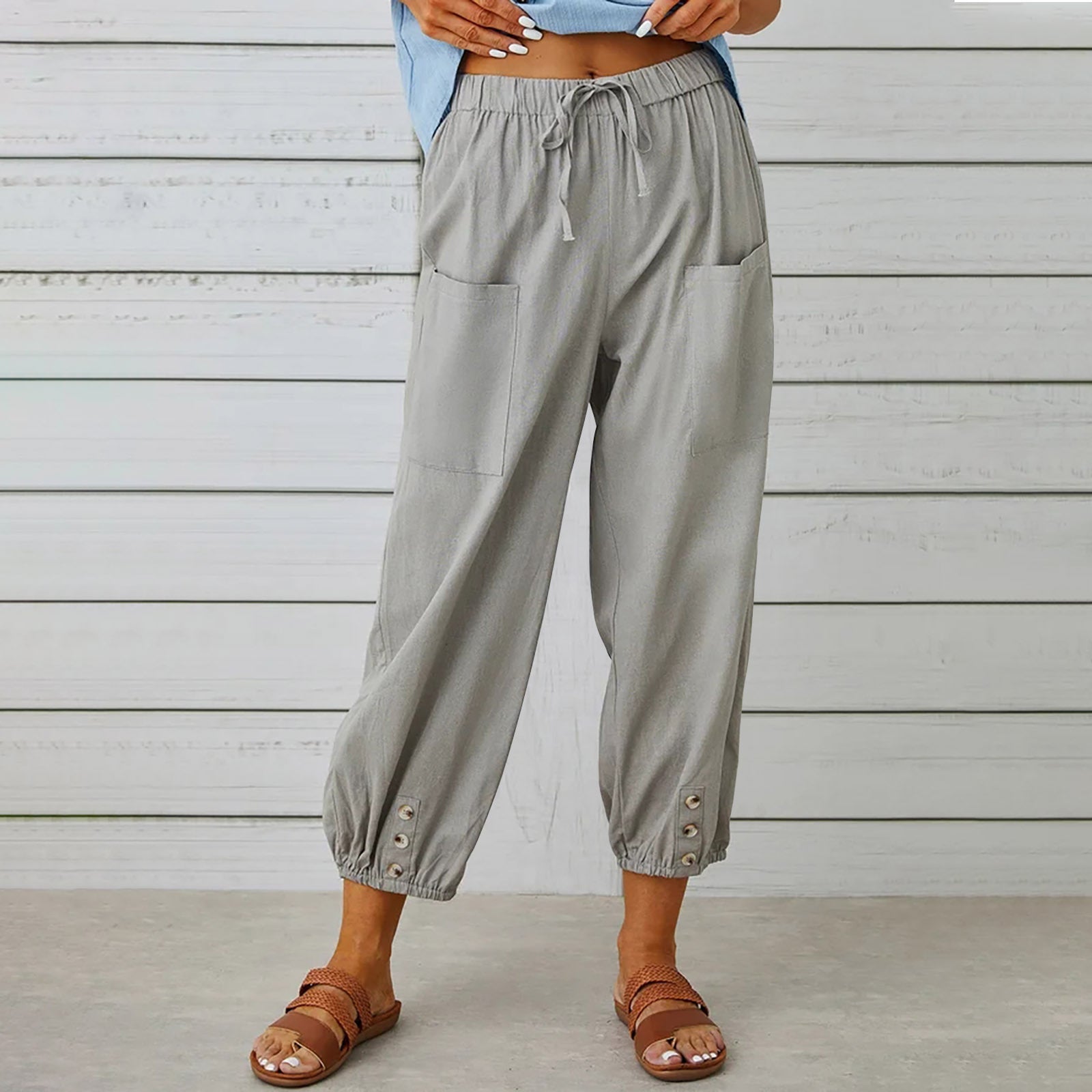 Women Drawstring Cotton And Linen Trousers