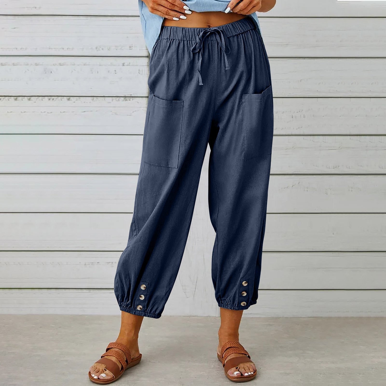 Women Drawstring Cotton And Linen Trousers