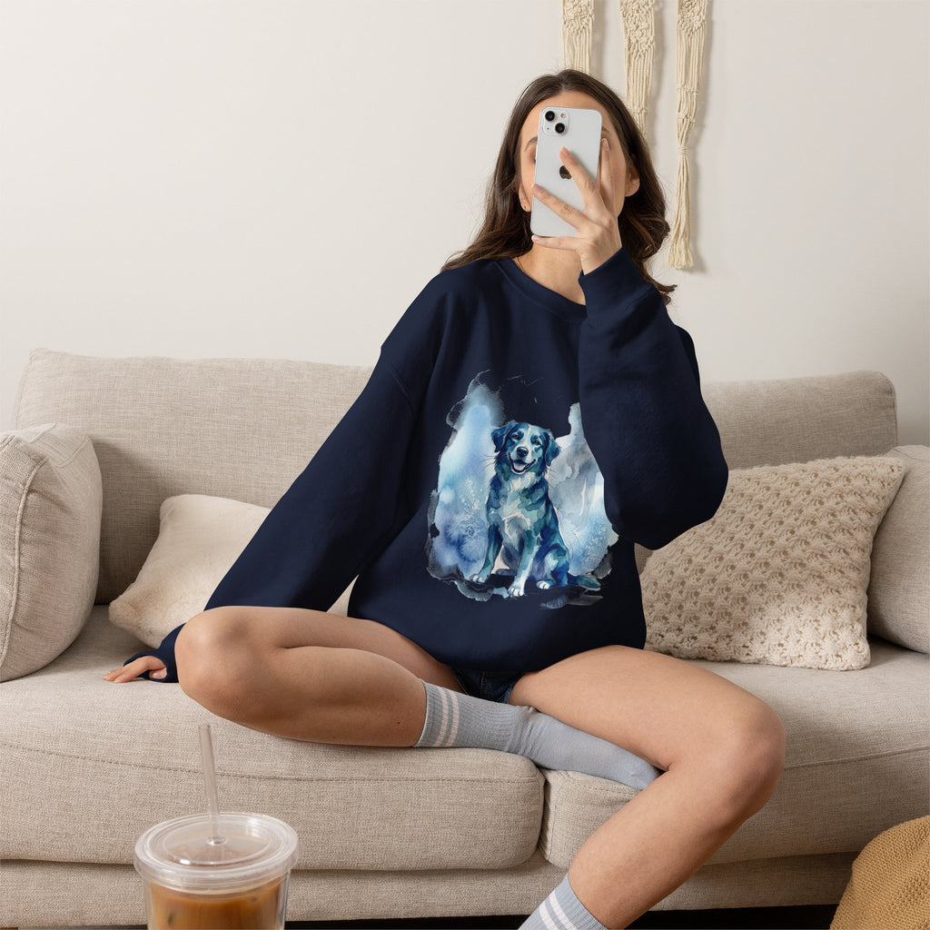 Watercolor Dog Crewneck Sweatshirt — Blue Pet Portrait Pullover