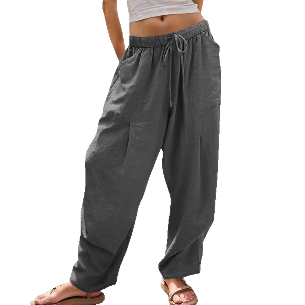 Womens Cotton-Linen Casual Loose Lounge Pants With Drawstring