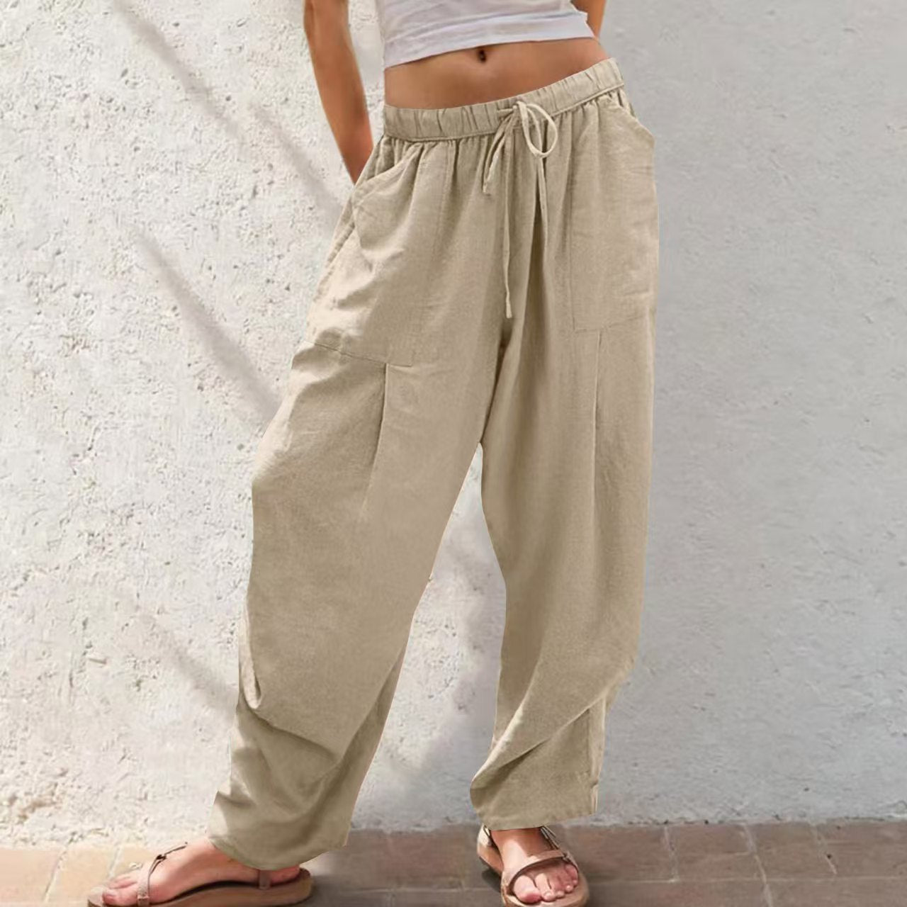 Womens Cotton-Linen Casual Loose Lounge Pants With Drawstring