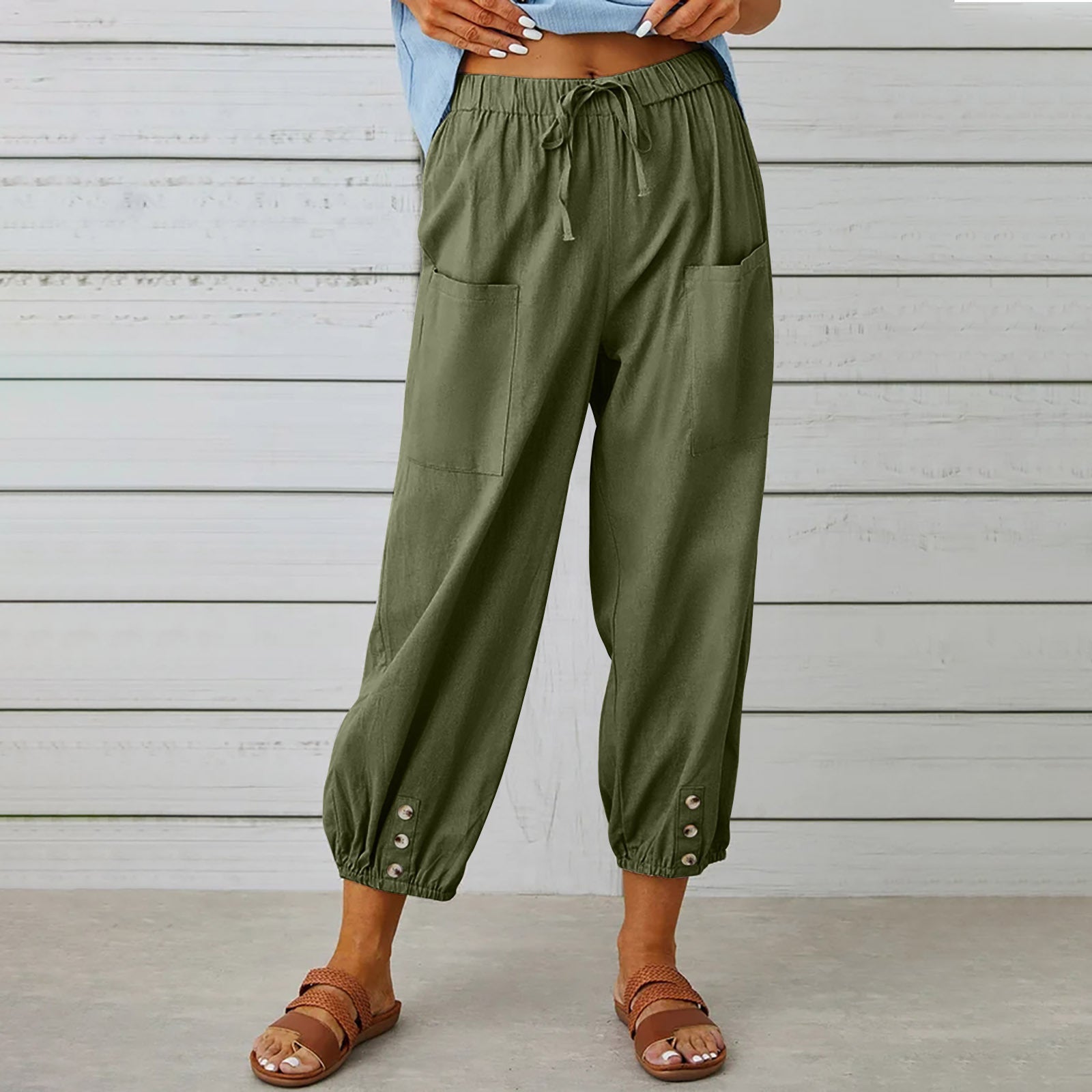 Women Drawstring Cotton And Linen Trousers