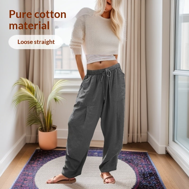 Womens Cotton-Linen Casual Loose Lounge Pants With Drawstring