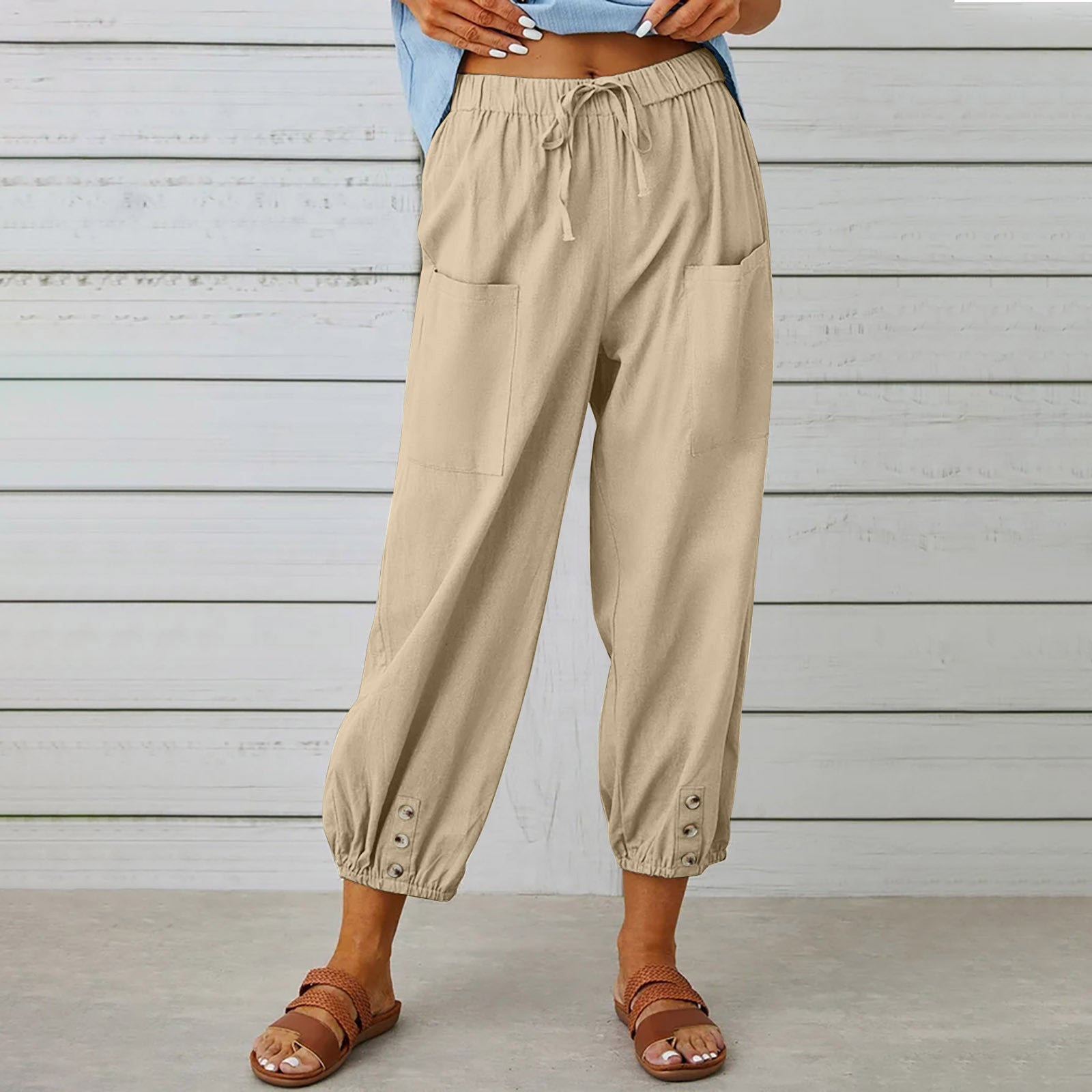 Women Drawstring Cotton And Linen Trousers