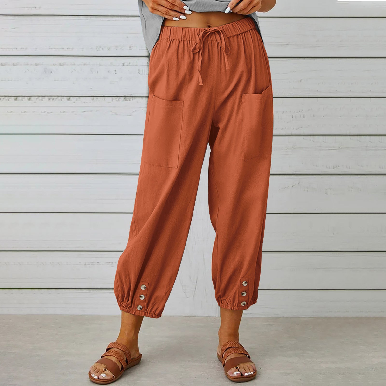 Women Drawstring Cotton And Linen Trousers